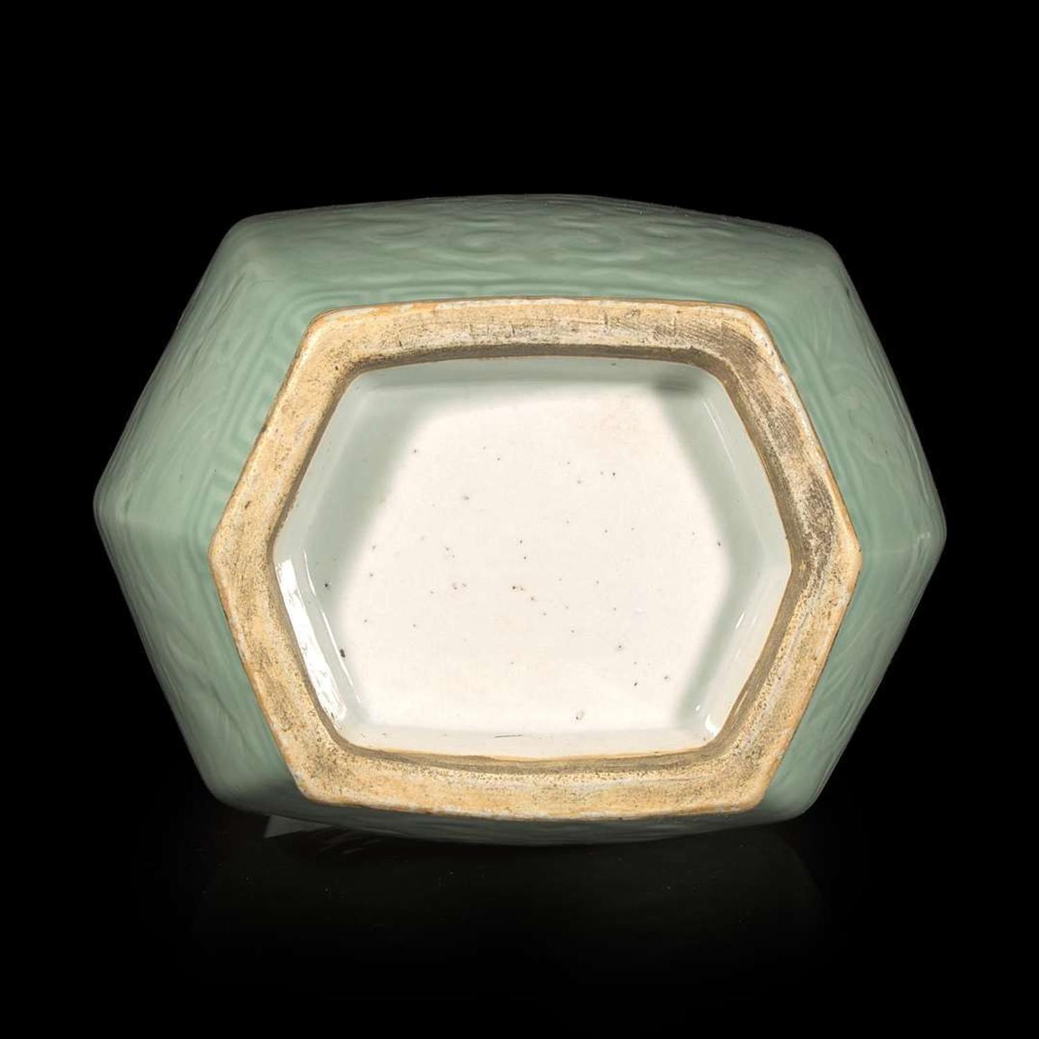 A Chinese celadon-glazed hexagonal baluster vase 青釉双耳六方瓶