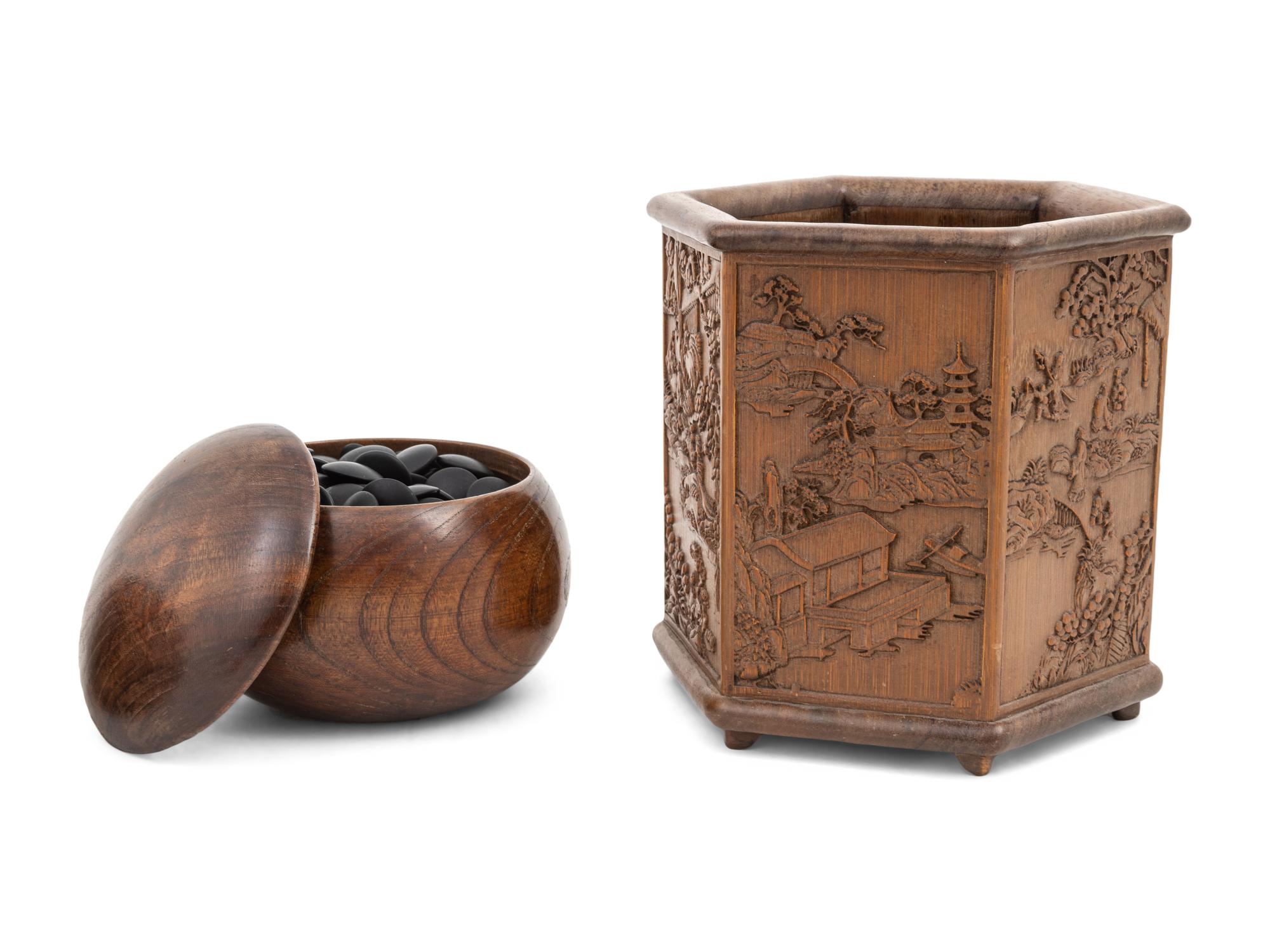 A Matched Pair of Chinese Hardwood Go Chess Boxes and A Carved Hardwood Brushpot