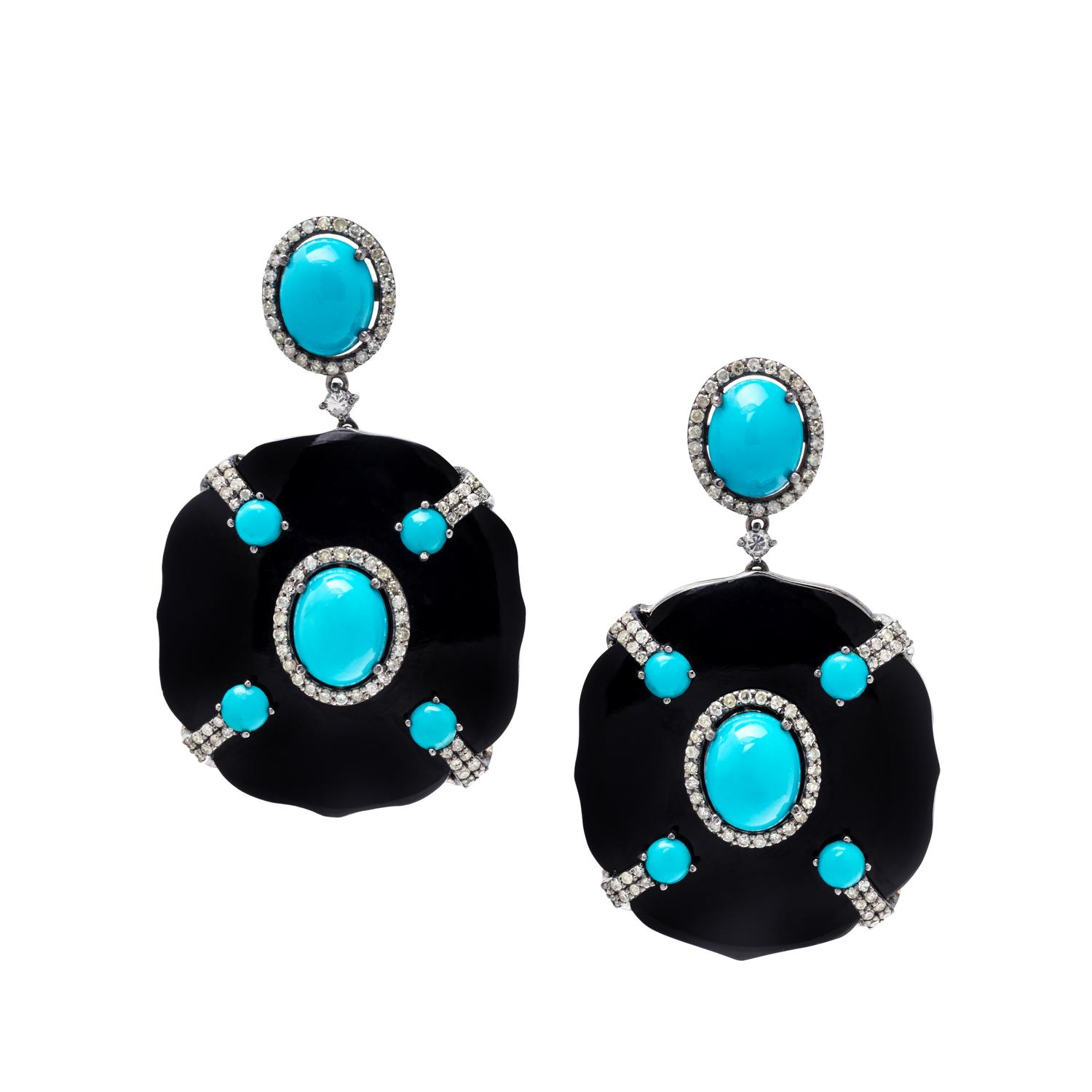 ONYX, TURQUOISE AND DIAMOND EARRINGS