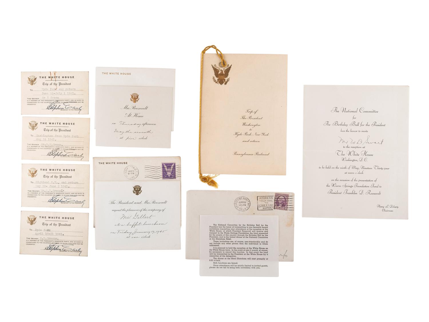 [ROOSEVELT, Franklin Delano (1882-1945) -- ROOSEVELT, Eleanor (1884-1962)]. A group of invitations, menus, and travel passes, comprising: