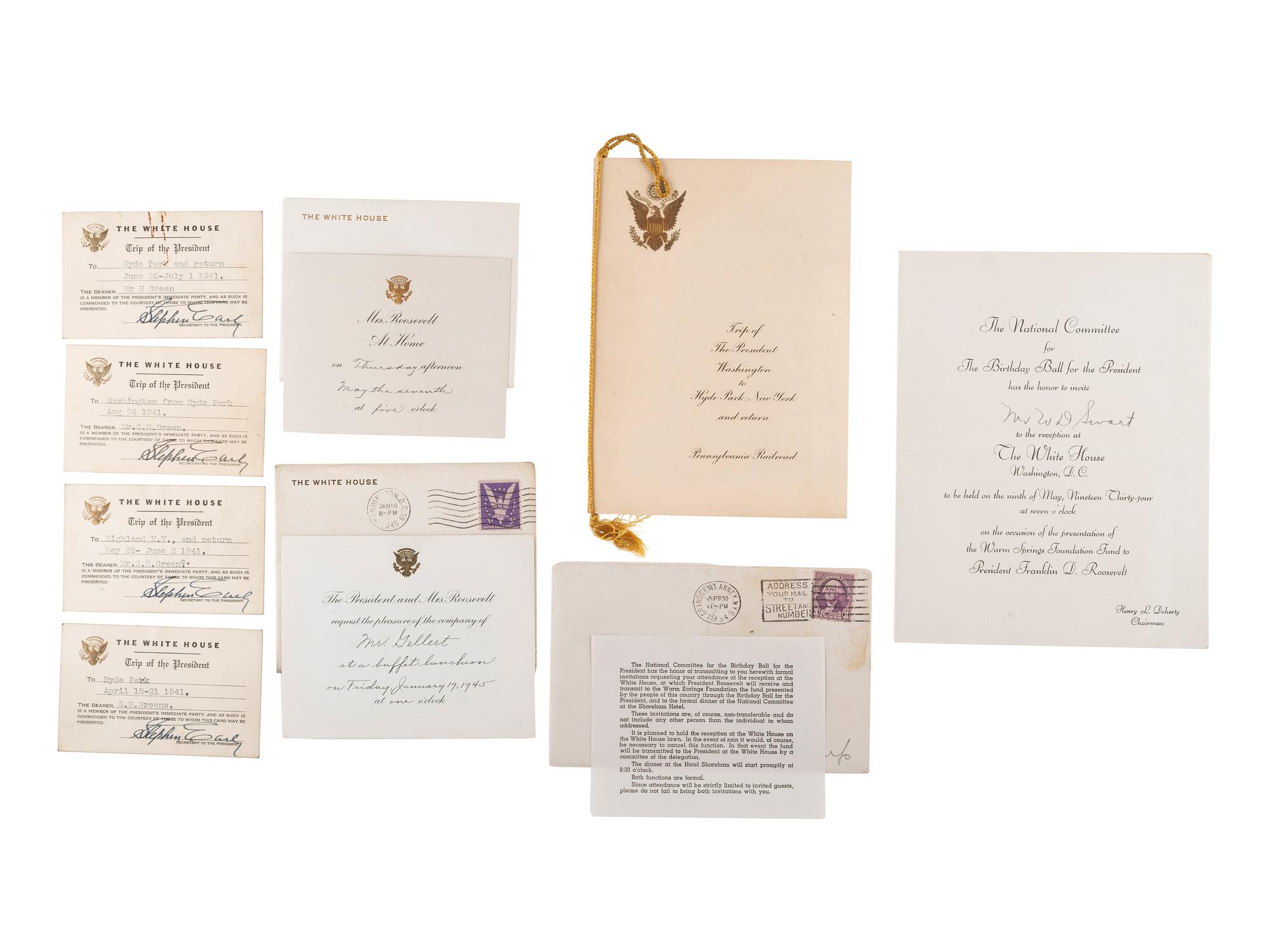 [ROOSEVELT, Franklin Delano (1882-1945) -- ROOSEVELT, Eleanor (1884-1962)]. A group of invitations, menus, and travel passes, comprising: