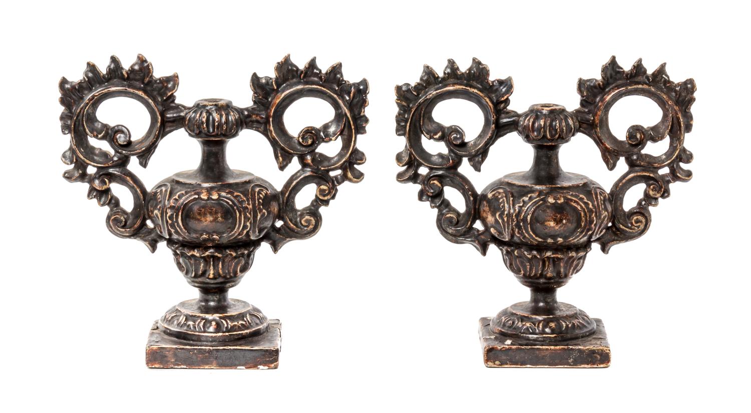 A Pair of Continental Carved and Painted Parcel Giltwood Urns, Height 11 3/4 inches.