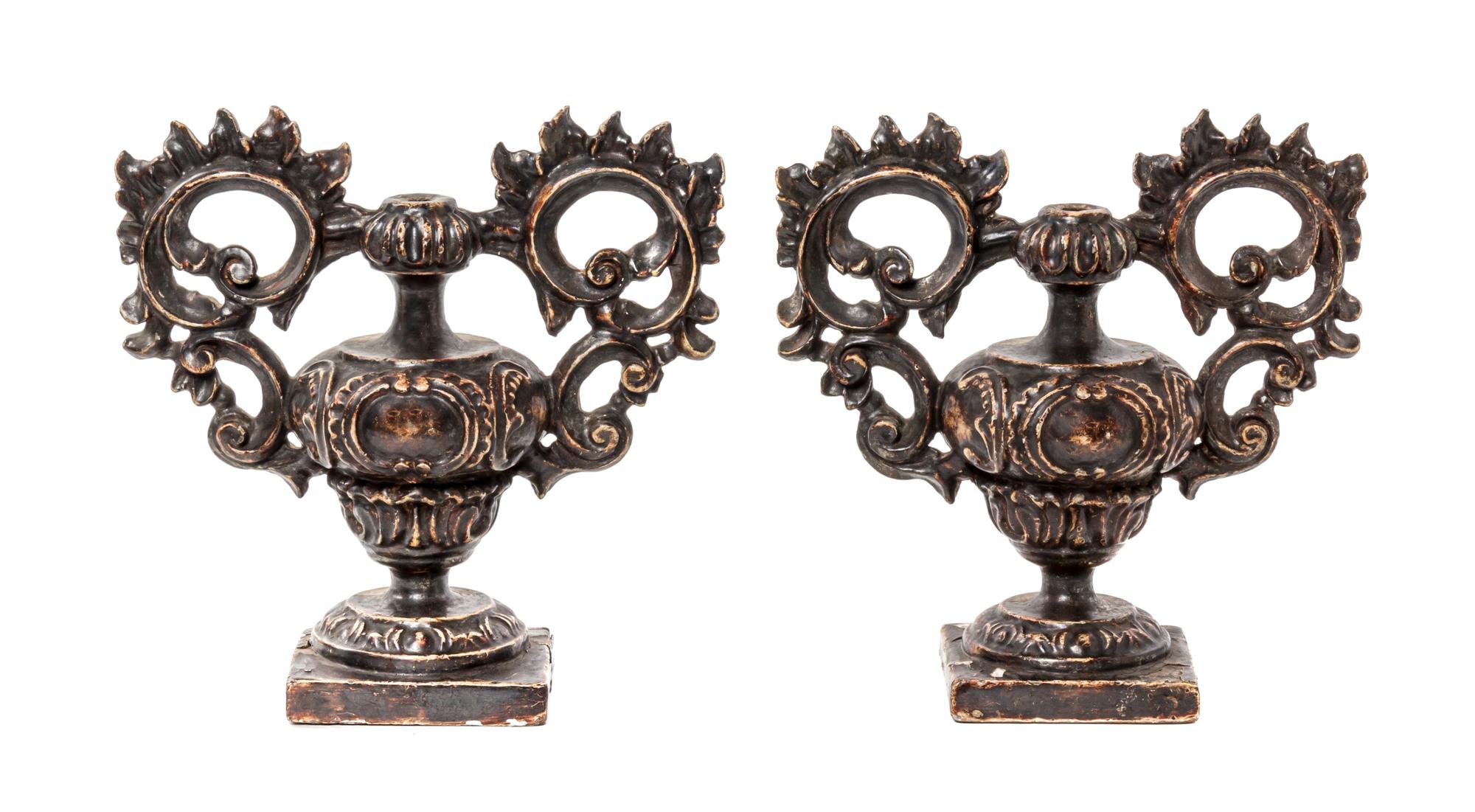 A Pair of Continental Carved and Painted Parcel Giltwood Urns, Height 11 3/4 inches.