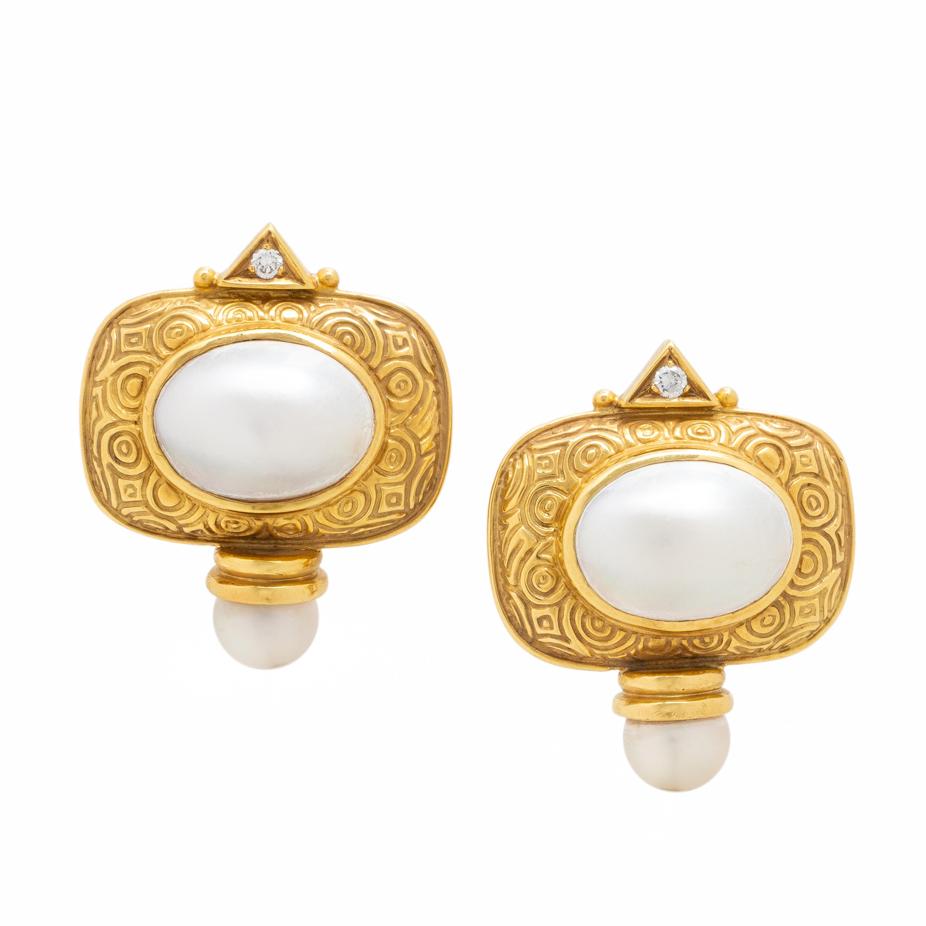 Mabé Pearl, Diamond, and Yellow Gold Earrings