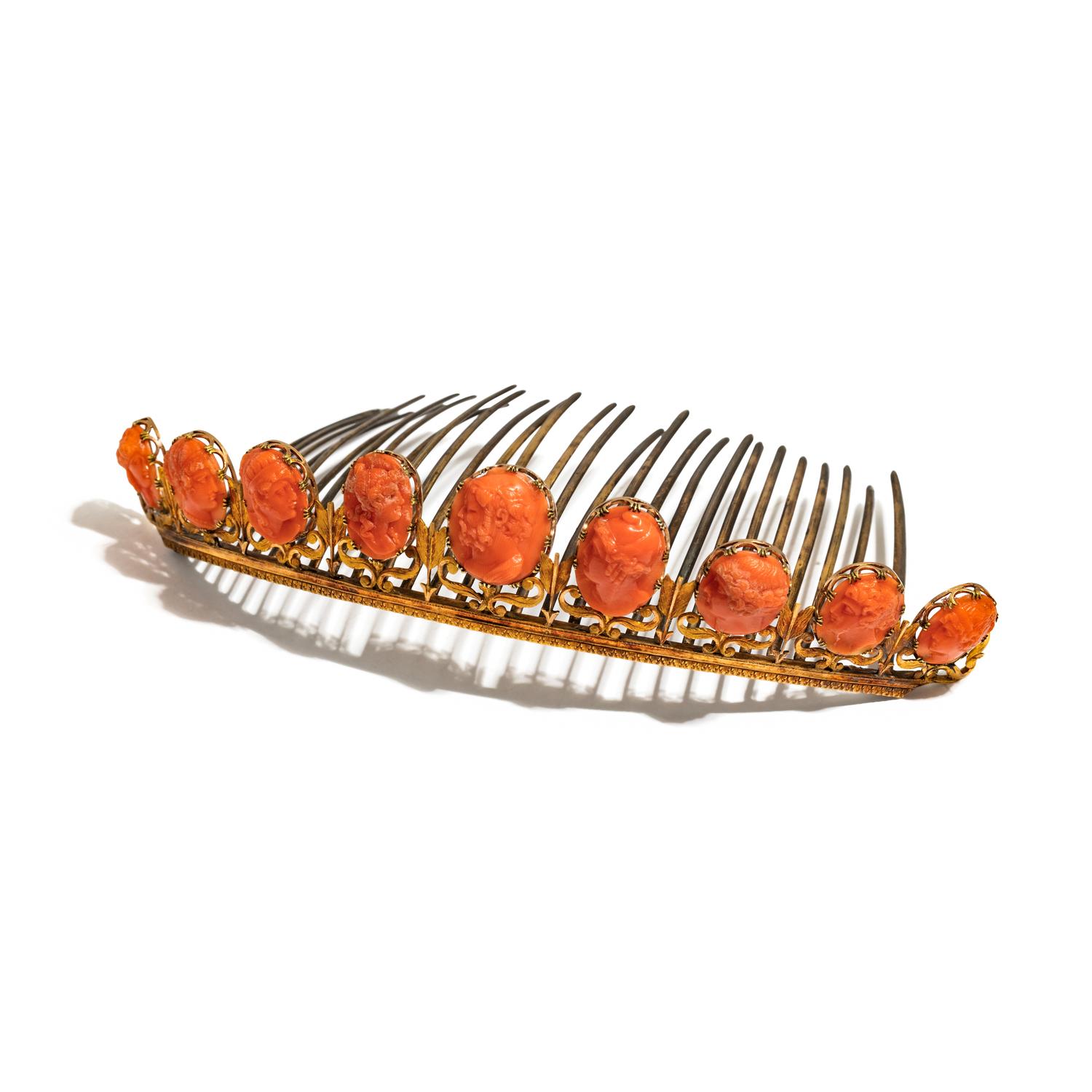 FRENCH, YELLOW GOLD, GILT METAL AND CORAL CAMEO TIARA