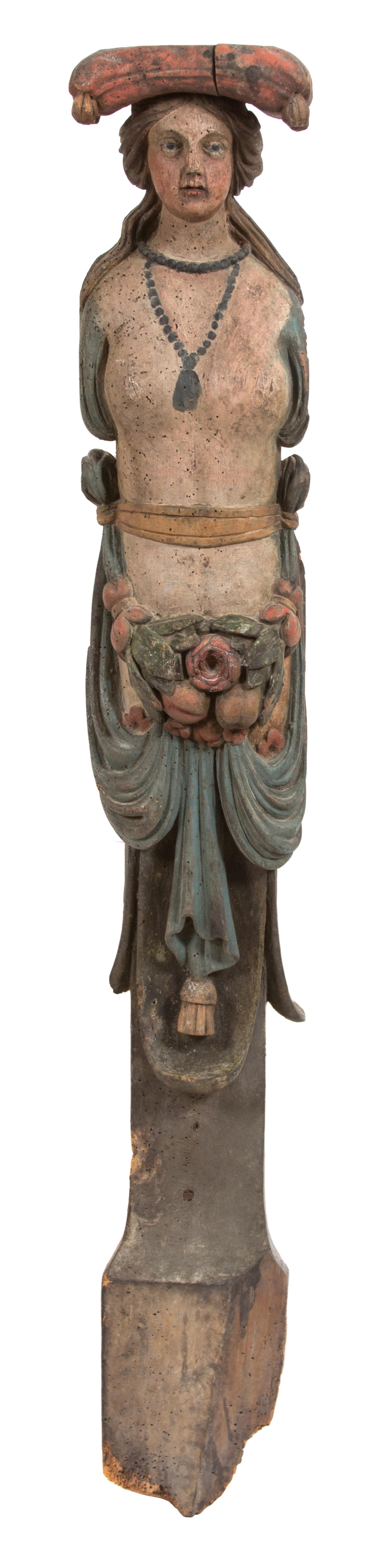 An Italian Carved and Polychromed Wood Corbel Figure Height 49 inches. — 19TH CENTURY