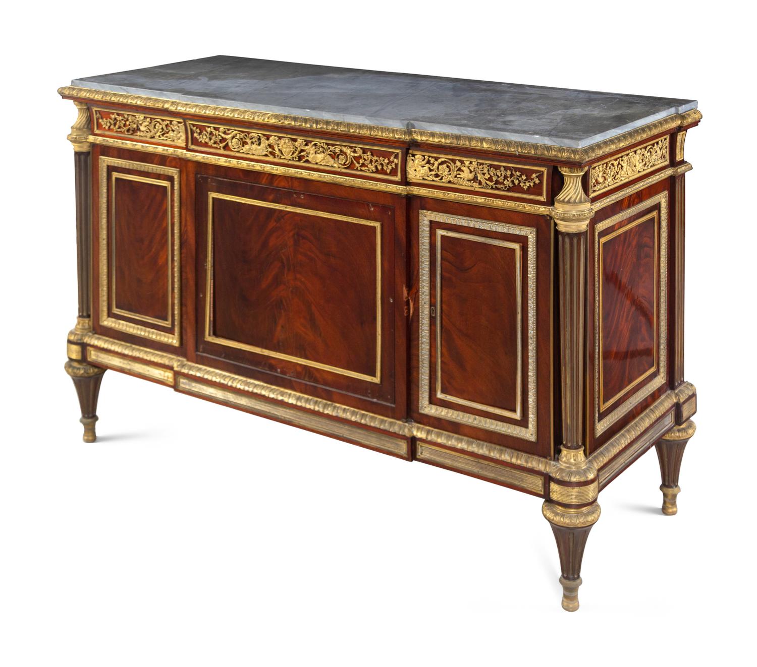 A Louis XVI Style Gilt Bronze Mounted Mahogany Marble-Top Cabinet After the Model by Jean-Henri Riesener (German, 1734-1806)