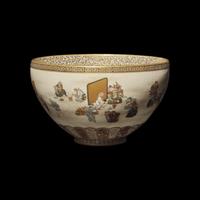 A Japanese Satsuma Type Enameled Pottery Momotaro Bowl, Yabu Meizan, Meiji Period