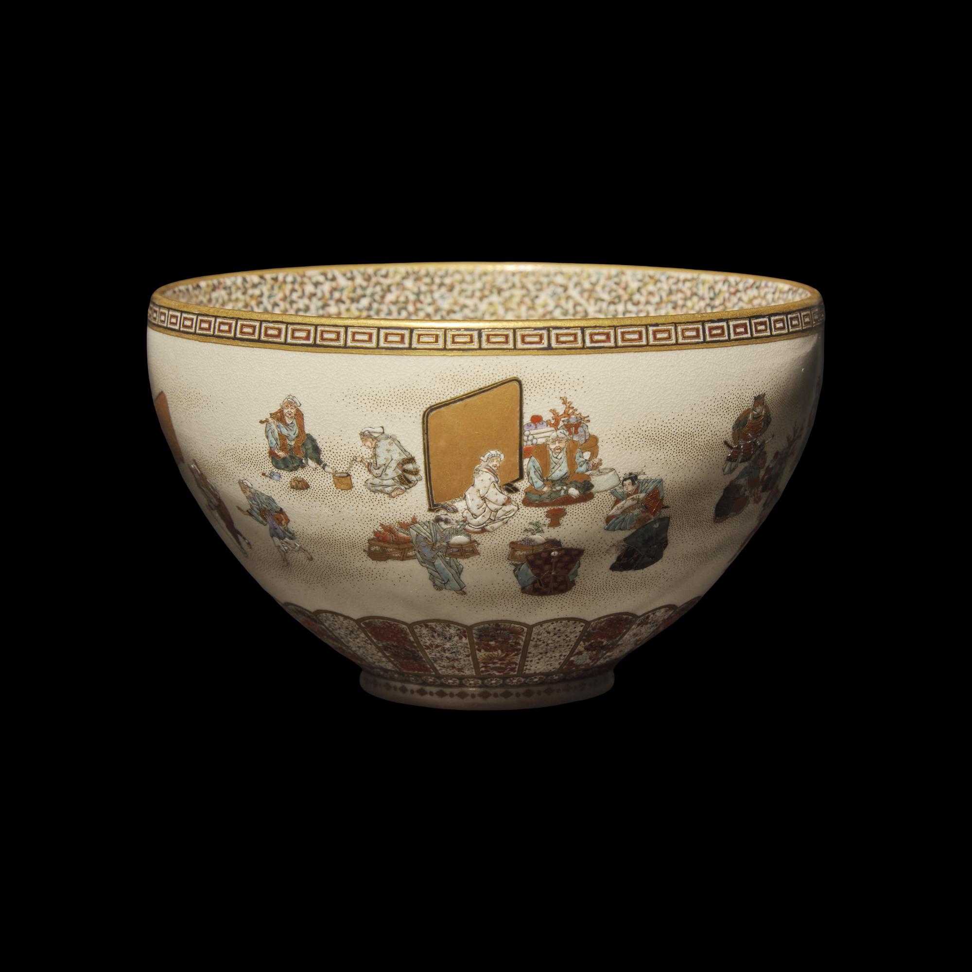 A Japanese Satsuma Type Enameled Pottery Momotaro Bowl, Yabu Meizan, Meiji Period