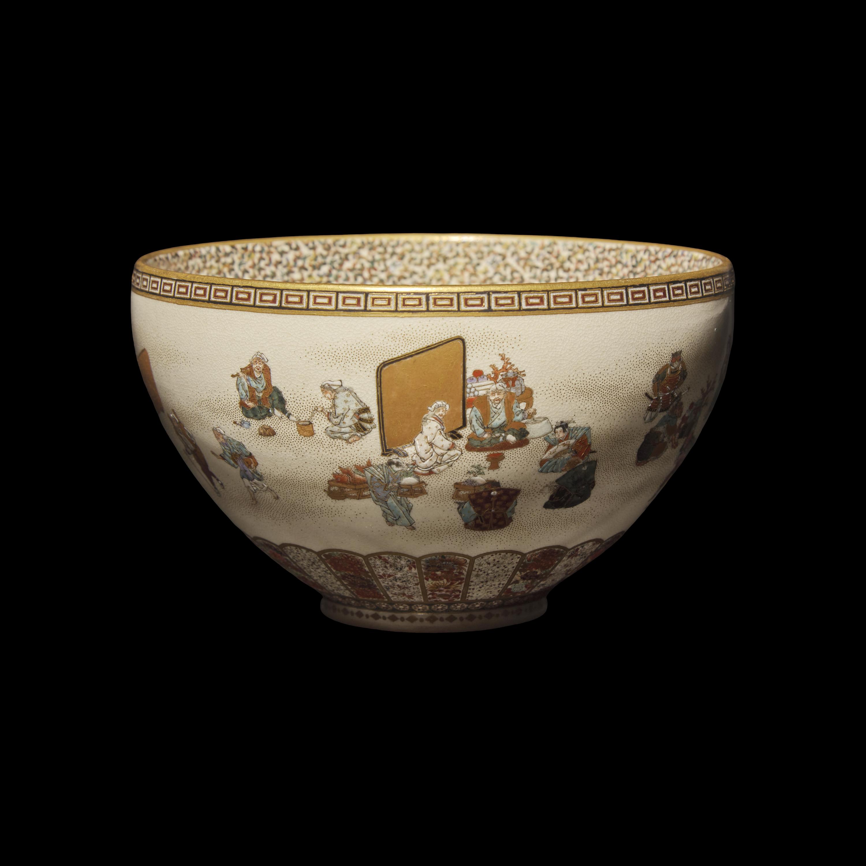 A Japanese Satsuma Type Enameled Pottery Momotaro Bowl, Yabu Meizan, Meiji Period