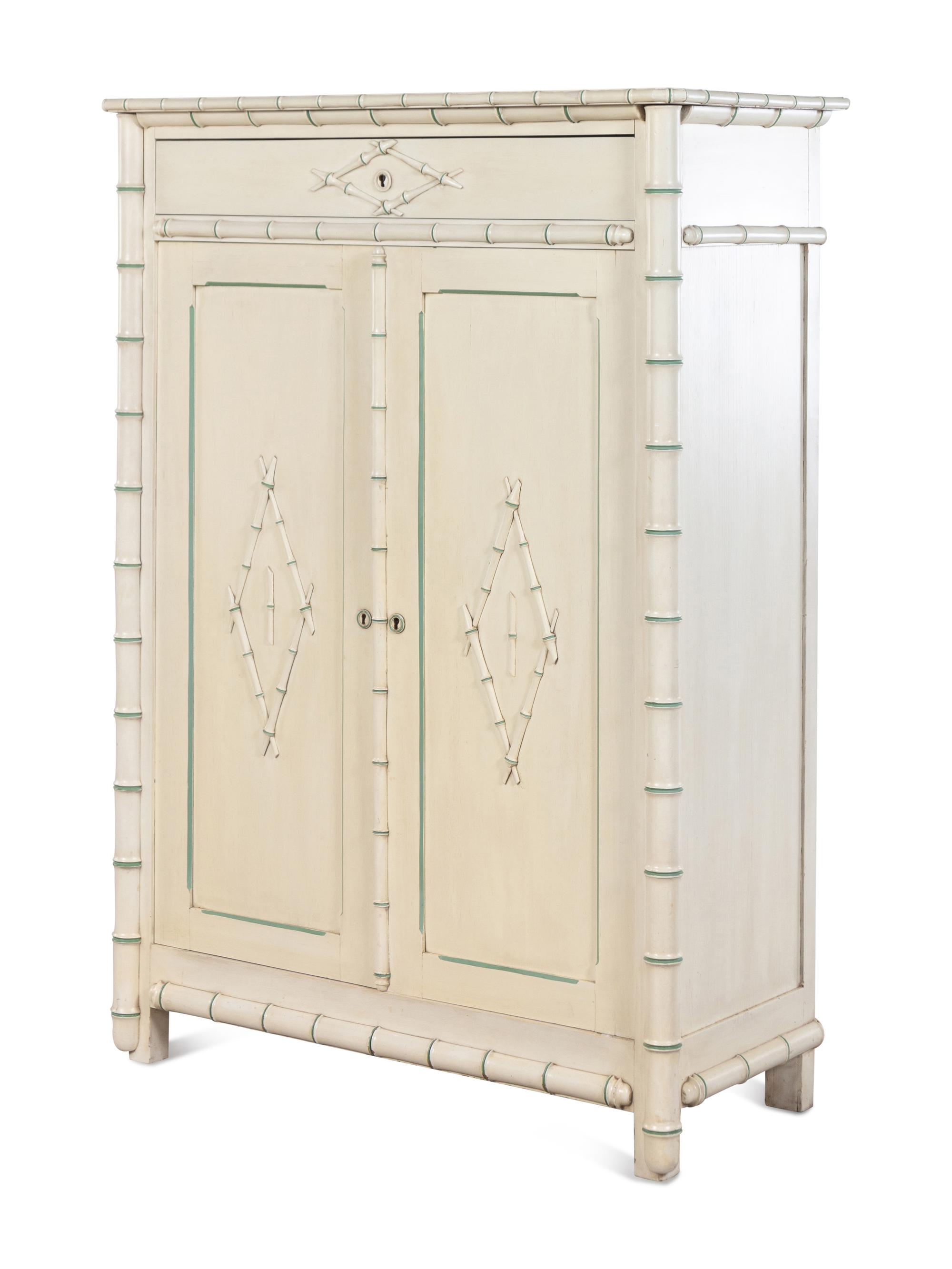 A Victorian White Painted Faux Bamboo Armoire