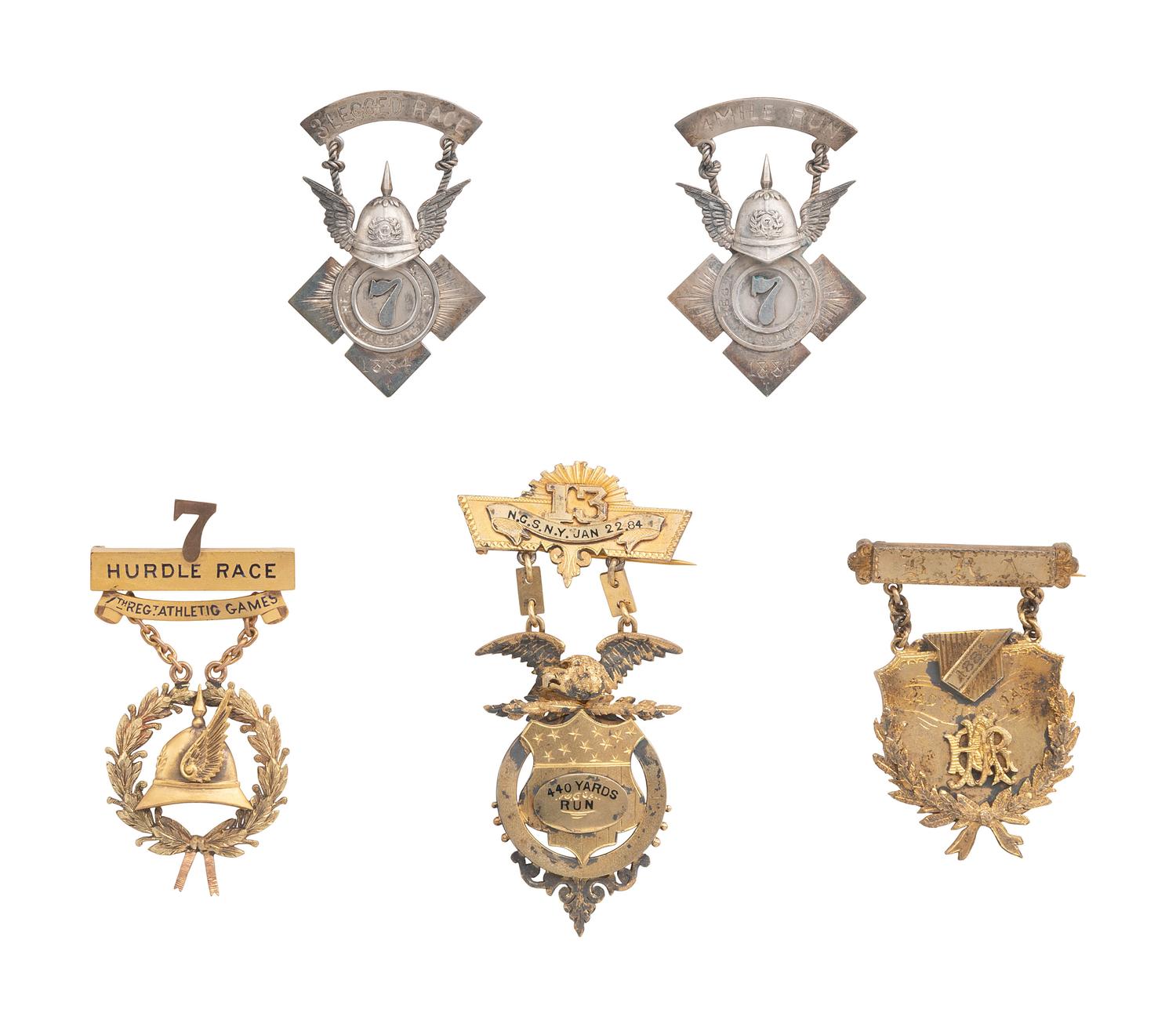 [MILITARIA]. 5 medals rewarded for competing in the 7th and 13th New York Regiment's Athletic Games.