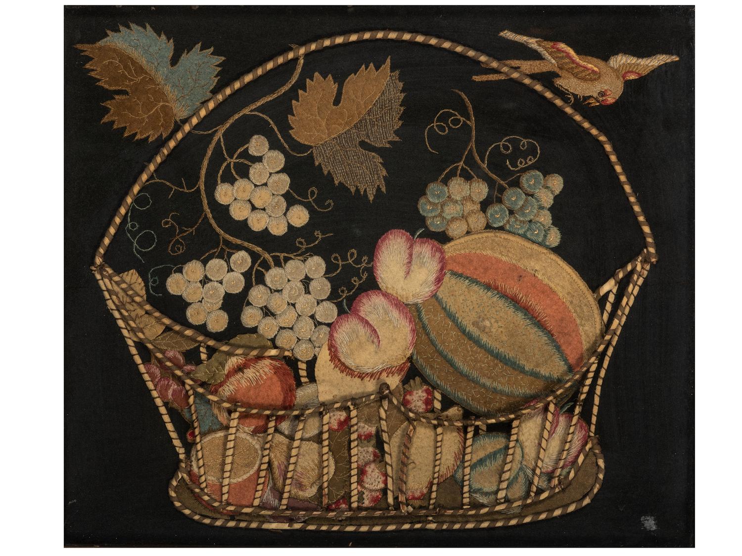 An American Stumpwork Embroidery of Fruit in a Whalebone Basket