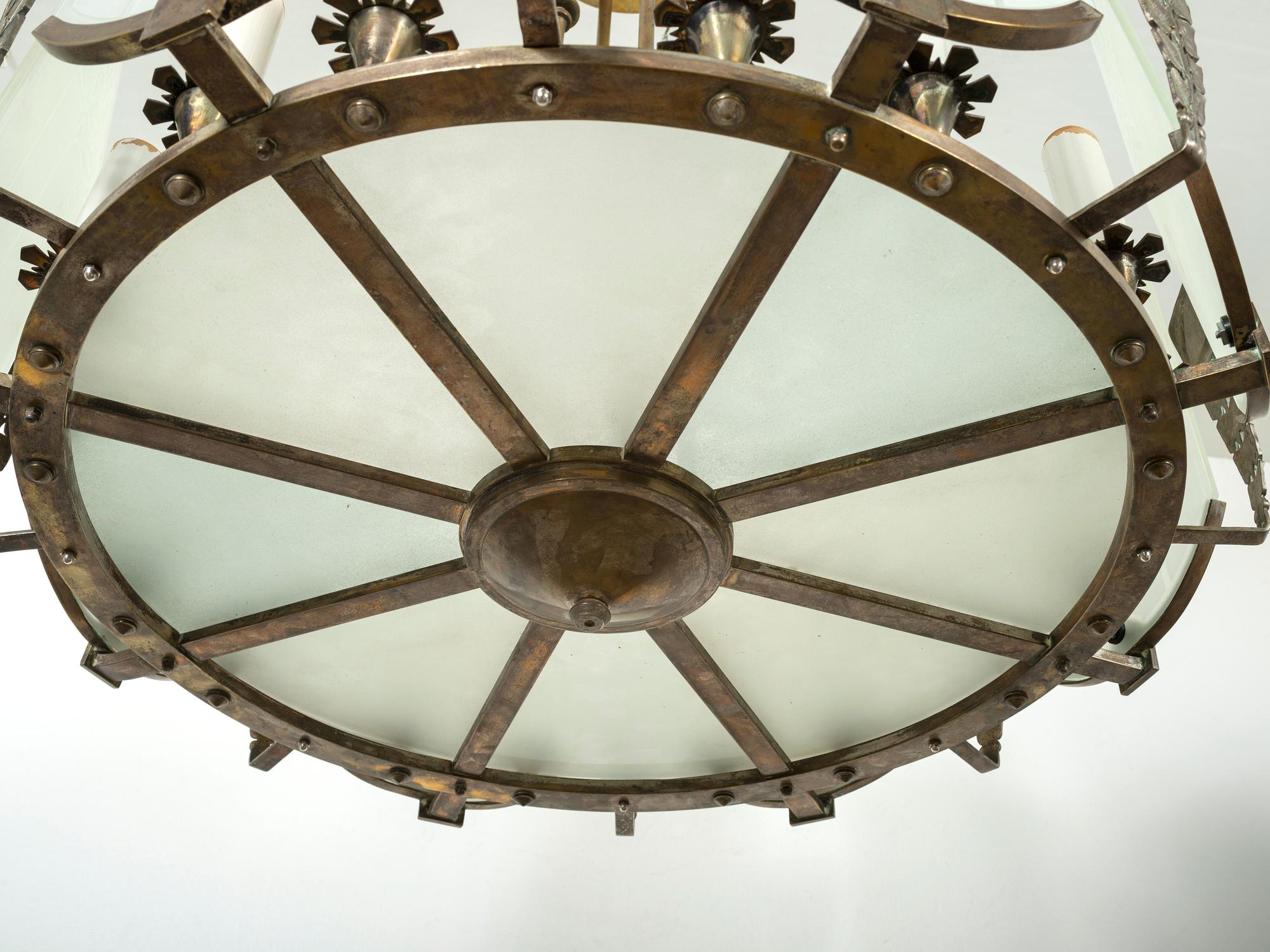 An Art Deco Glass and Nickel-Plated Bronze Chandelier
