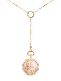 H.R. EKEGREN, J.E. CALDWELL, 18K YELLOW GOLD, ENAMEL, AND SEED PEARL PENDANT WATCH