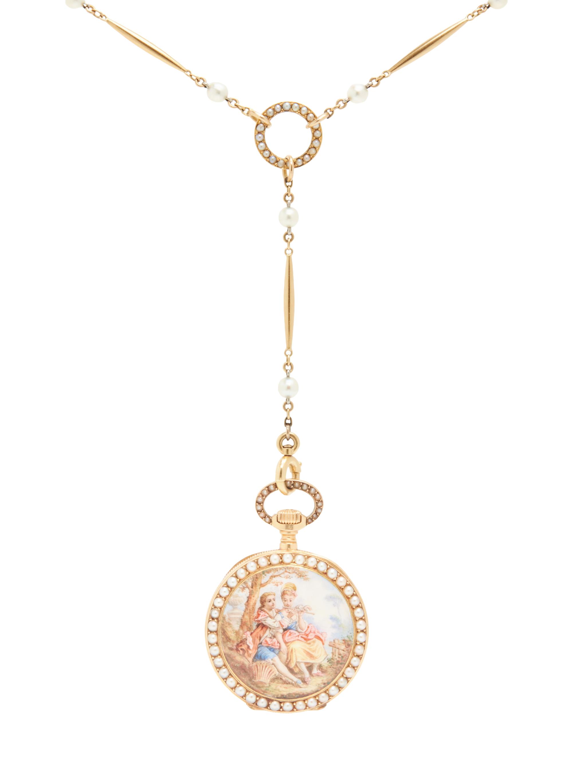H.R. EKEGREN, J.E. CALDWELL, 18K YELLOW GOLD, ENAMEL, AND SEED PEARL PENDANT WATCH