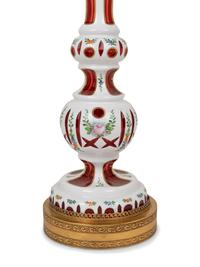 A Pair of Bohemian Enameled White Overlay Ruby Glass Lamps