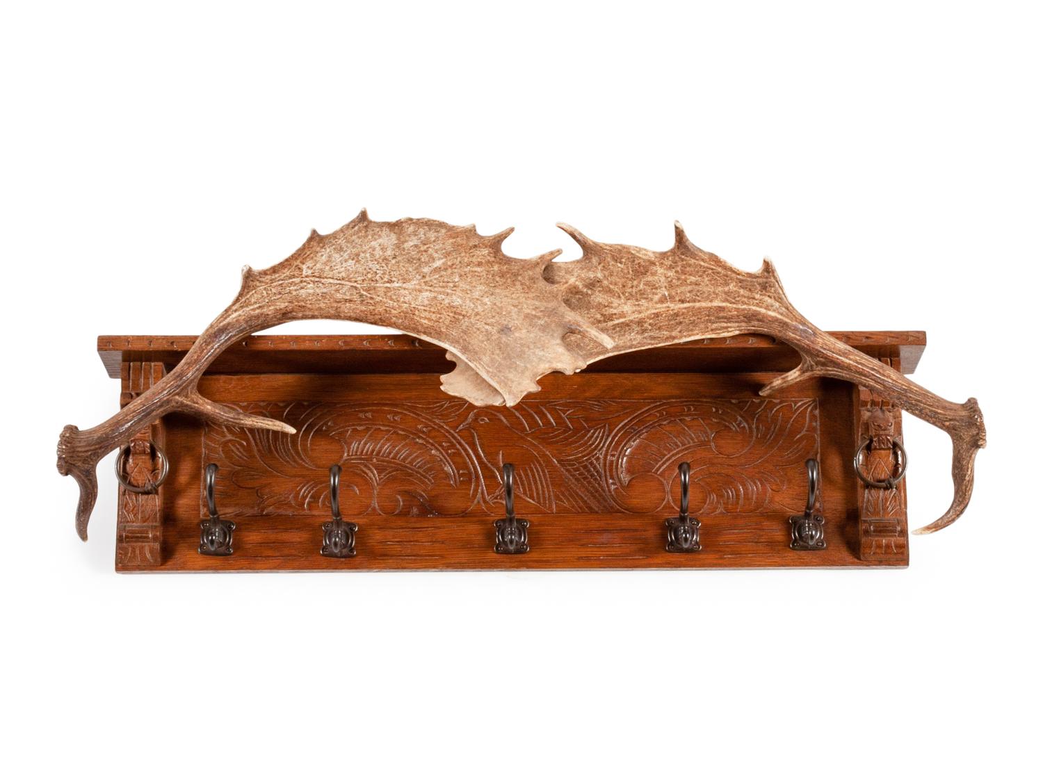 Victorian Style Carved Wood and Moose Paddle Hanging Coat Rack