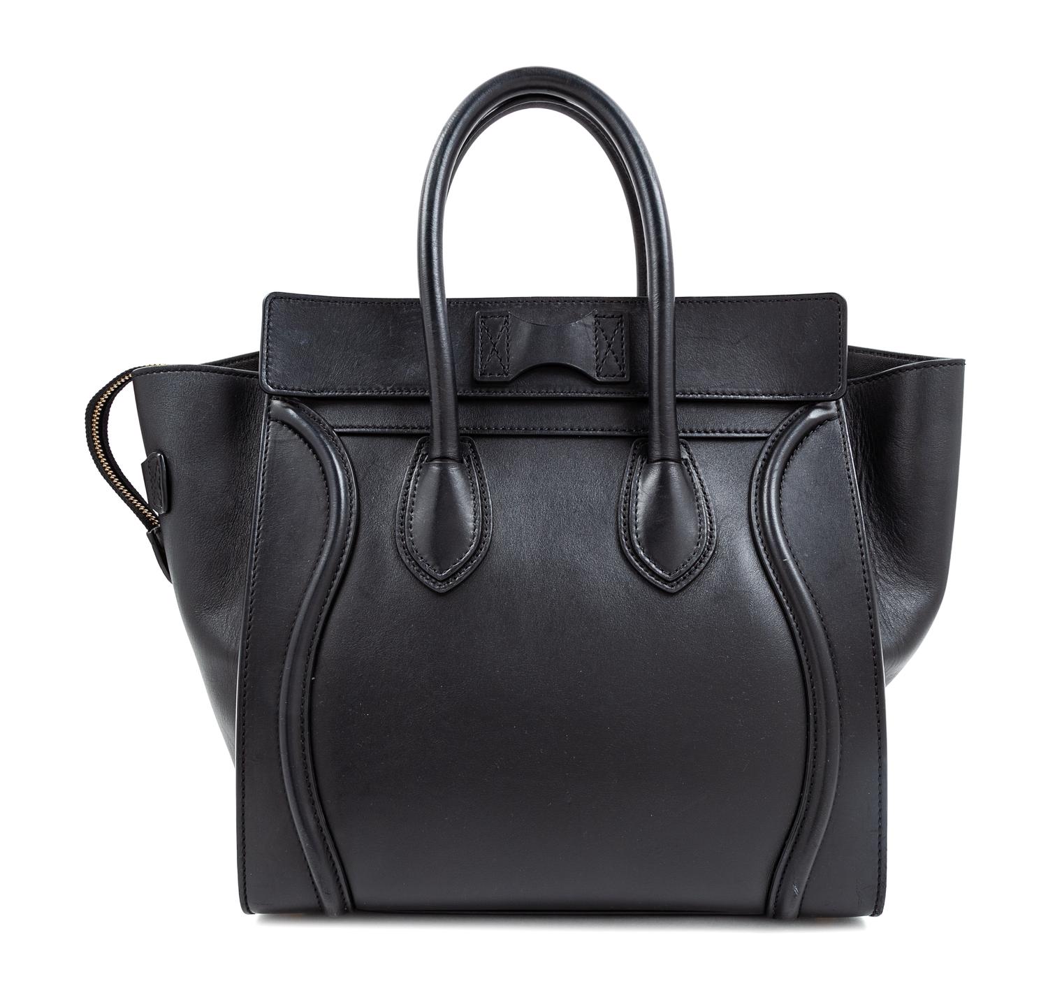 A Celine Black Smooth Leather Luggage Tote Bag, 12" H x 12" W x 7" D; Handle drop: 6".