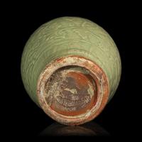 A Chinese Carved and Crackled Glazed Longquan Celadon Vase, Meiping, Ming Dynasty, 16th Century — 明晚期 龍泉青釉拱花花卉紋梅瓶