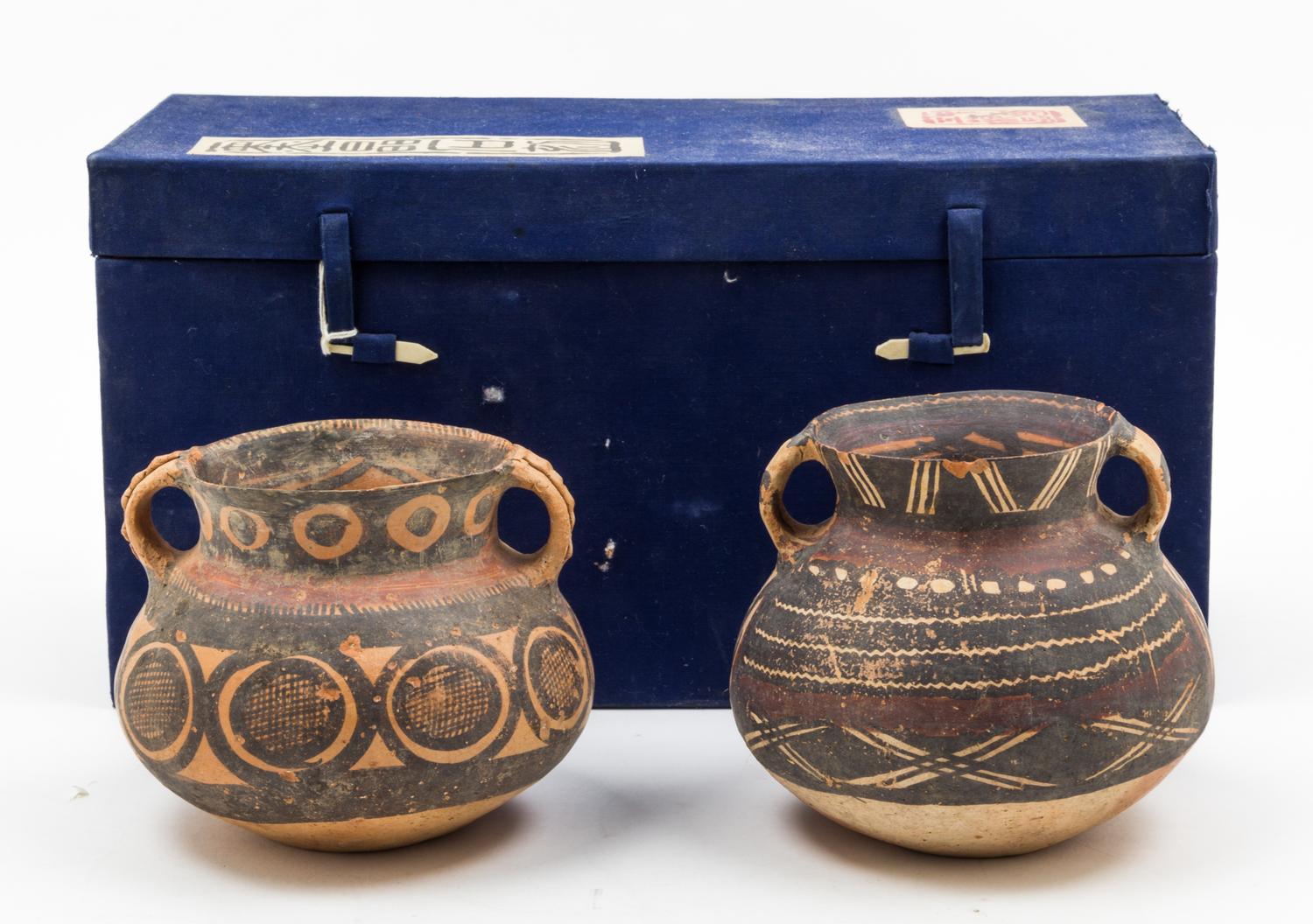 A Pair of Neolithic Pottery Vessels Height of larger 5 inches.