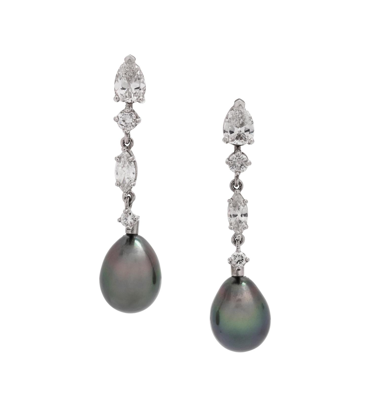 Platinum, Diamond and Cultured Pearl Earclips