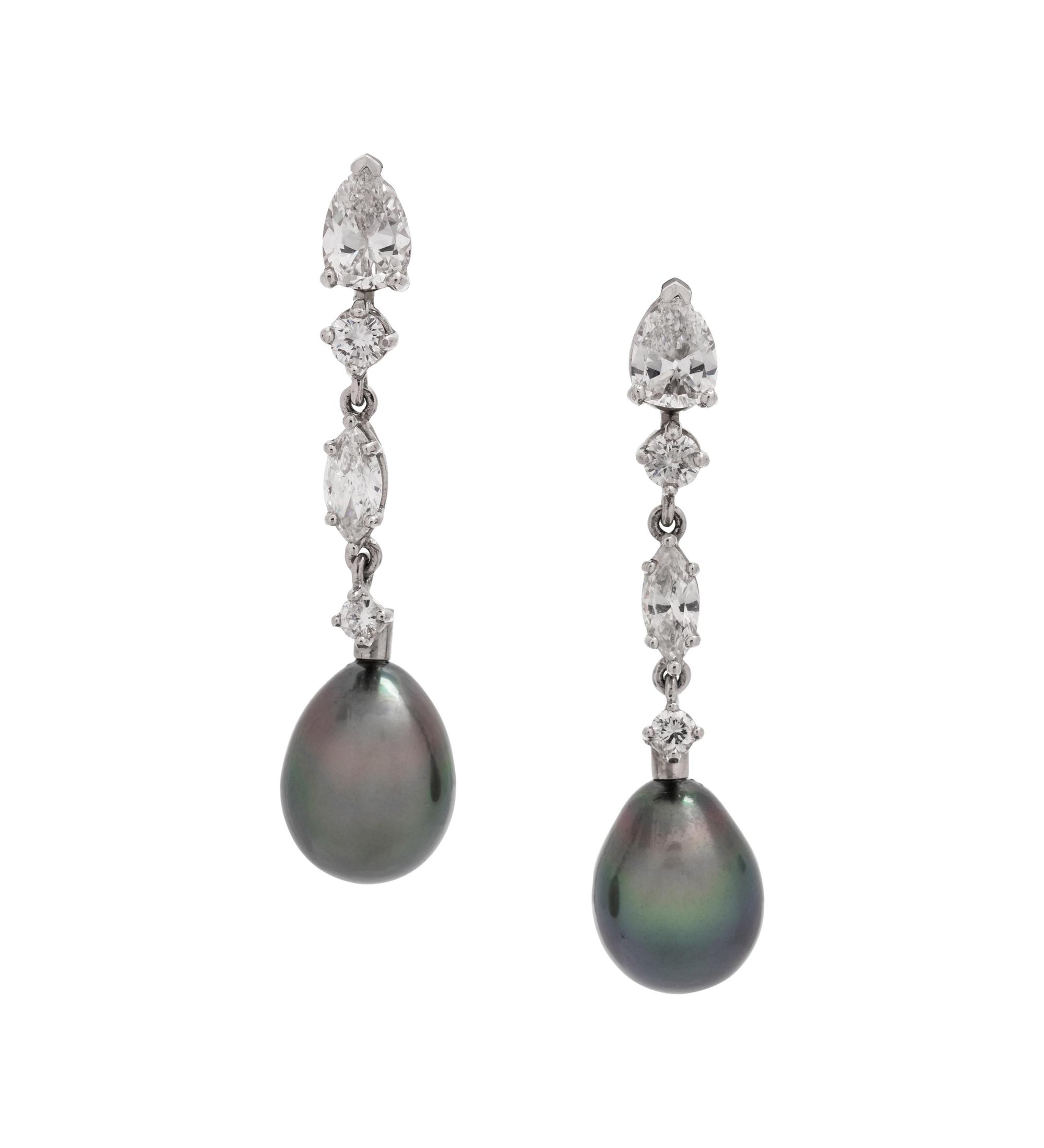 Platinum, Diamond and Cultured Pearl Earclips