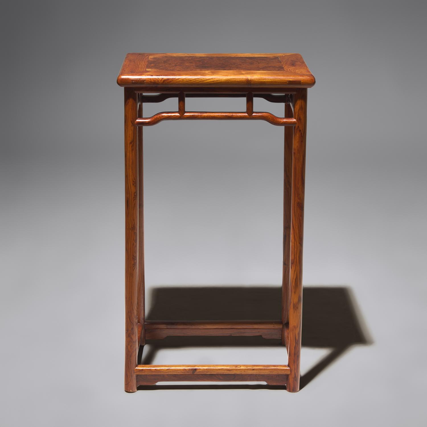 A Chinese Hardwood, Probably Huanghuali, and Burlwood Incense Stand, Xiangji , 20th Century 二十世紀 或黃花梨嵌癭木香几
