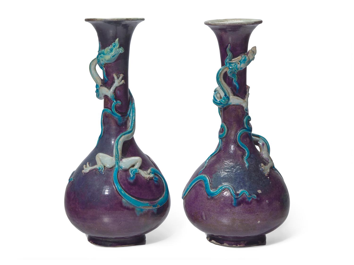 A Pair of Chinese Fahua- Style Stoneware Bottle Vases