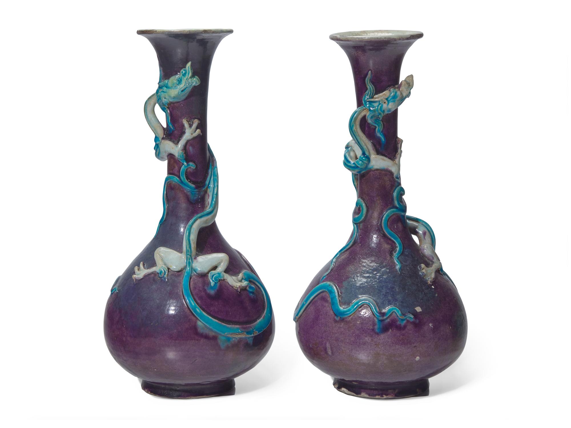 A Pair of Chinese Fahua- Style Stoneware Bottle Vases