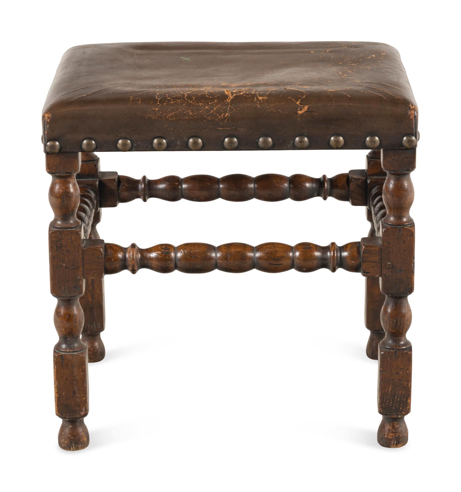A William and Mary Style Oak and Leather Stool