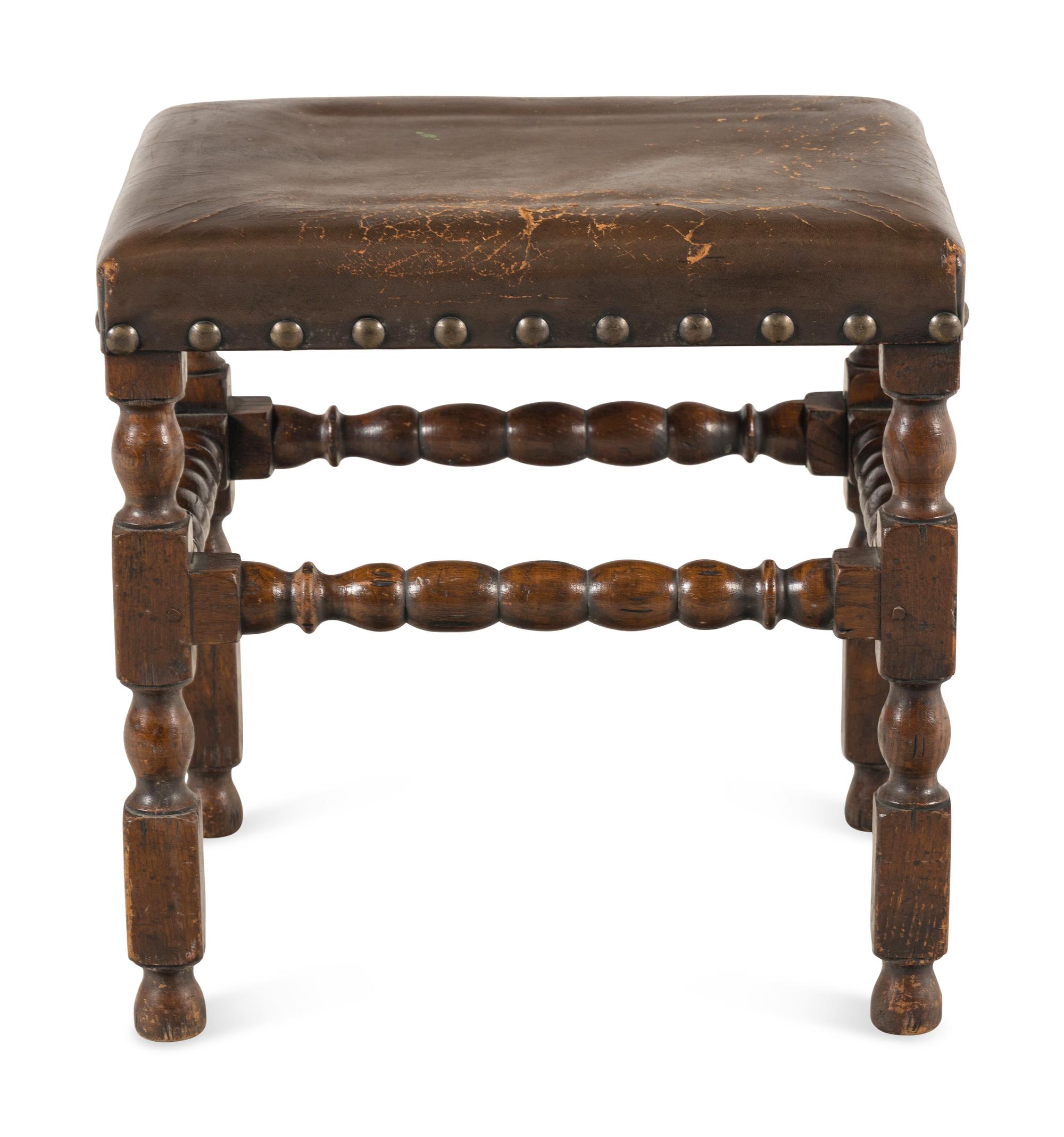 A William and Mary Style Oak and Leather Stool
