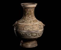 A Chinese Polychrome Painted Grey Pottery Hu, Han Dynasty 漢 彩繪灰陶壺