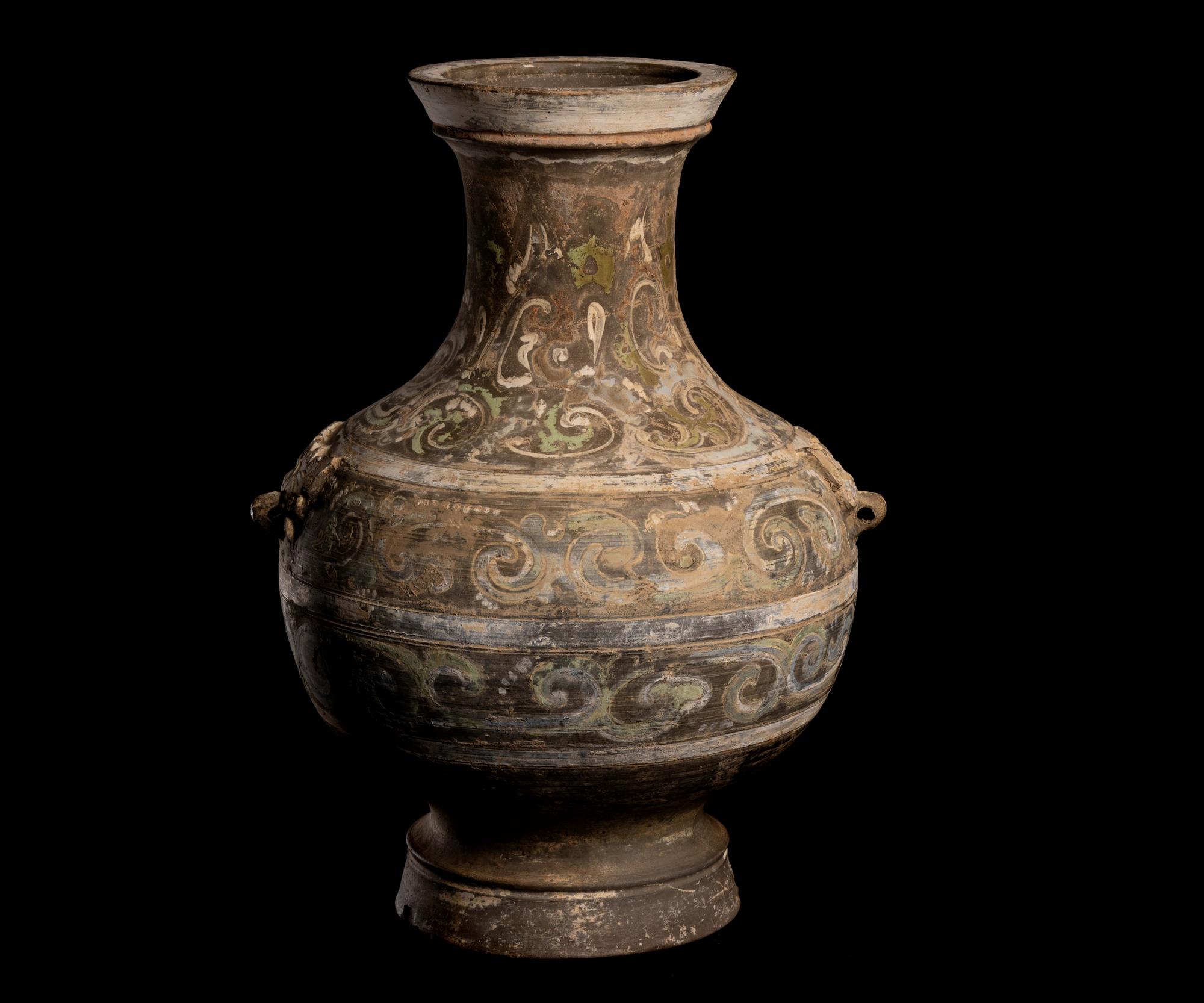 A Chinese Polychrome Painted Grey Pottery Hu, Han Dynasty 漢 彩繪灰陶壺