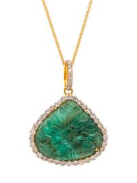 An 18 Karat Yellow Gold Carved Emerald and Diamond Pendant/Necklace,