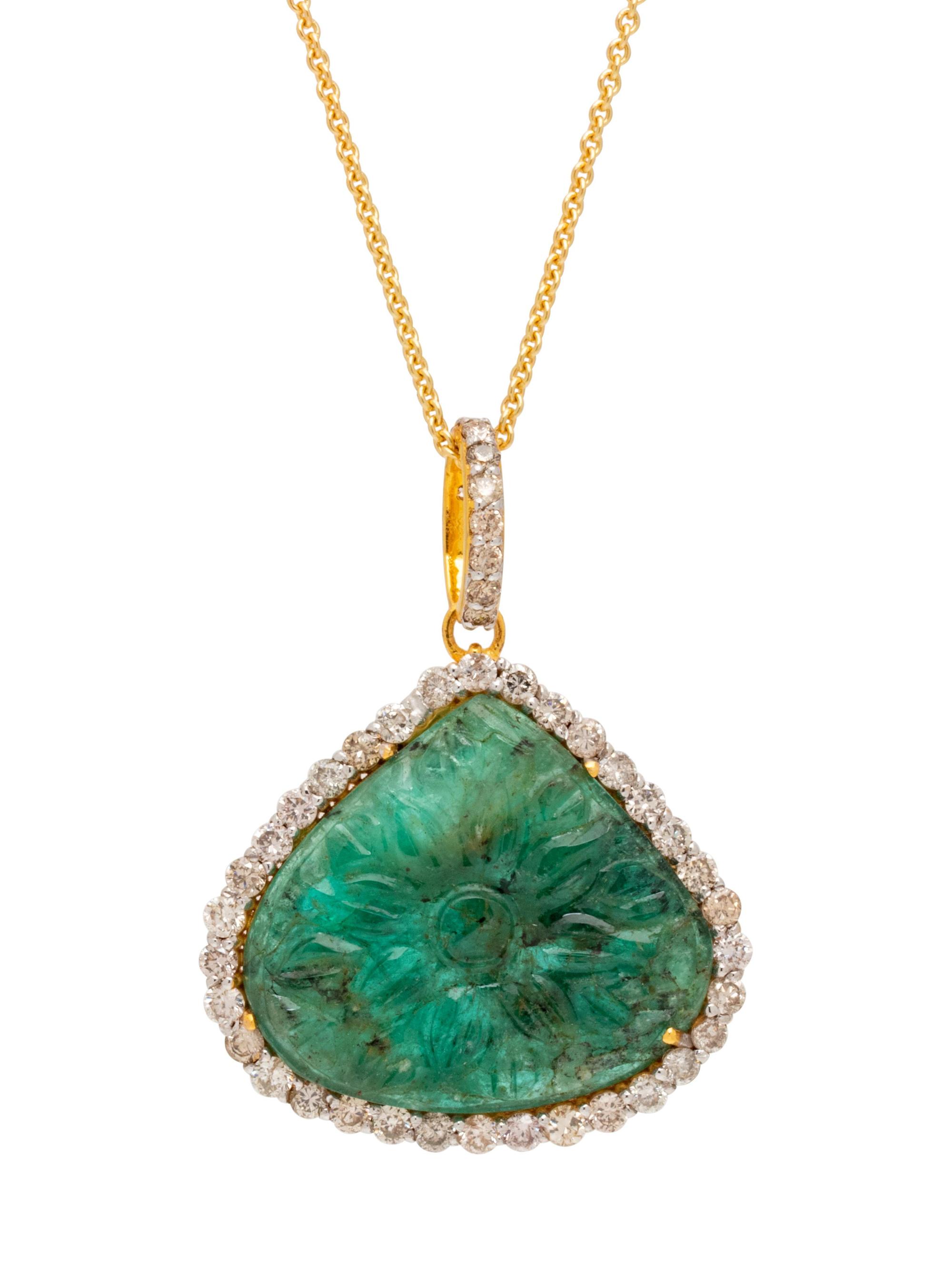 An 18 Karat Yellow Gold Carved Emerald and Diamond Pendant/Necklace,