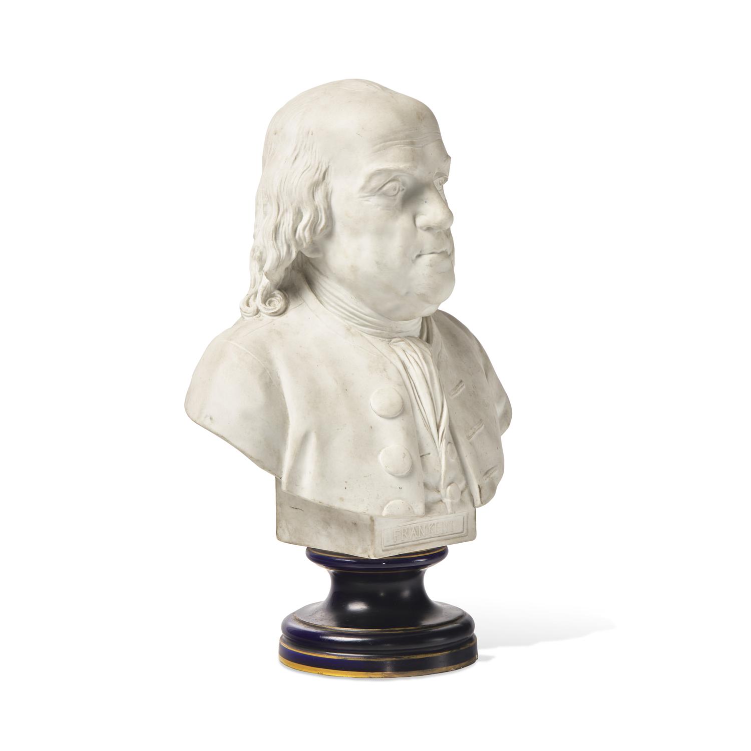 A Sevres Bisque Porcelain Bust of Benjamin Franklin, After the Example by Jean-Jacques Caffieri (French, 1725-1792)