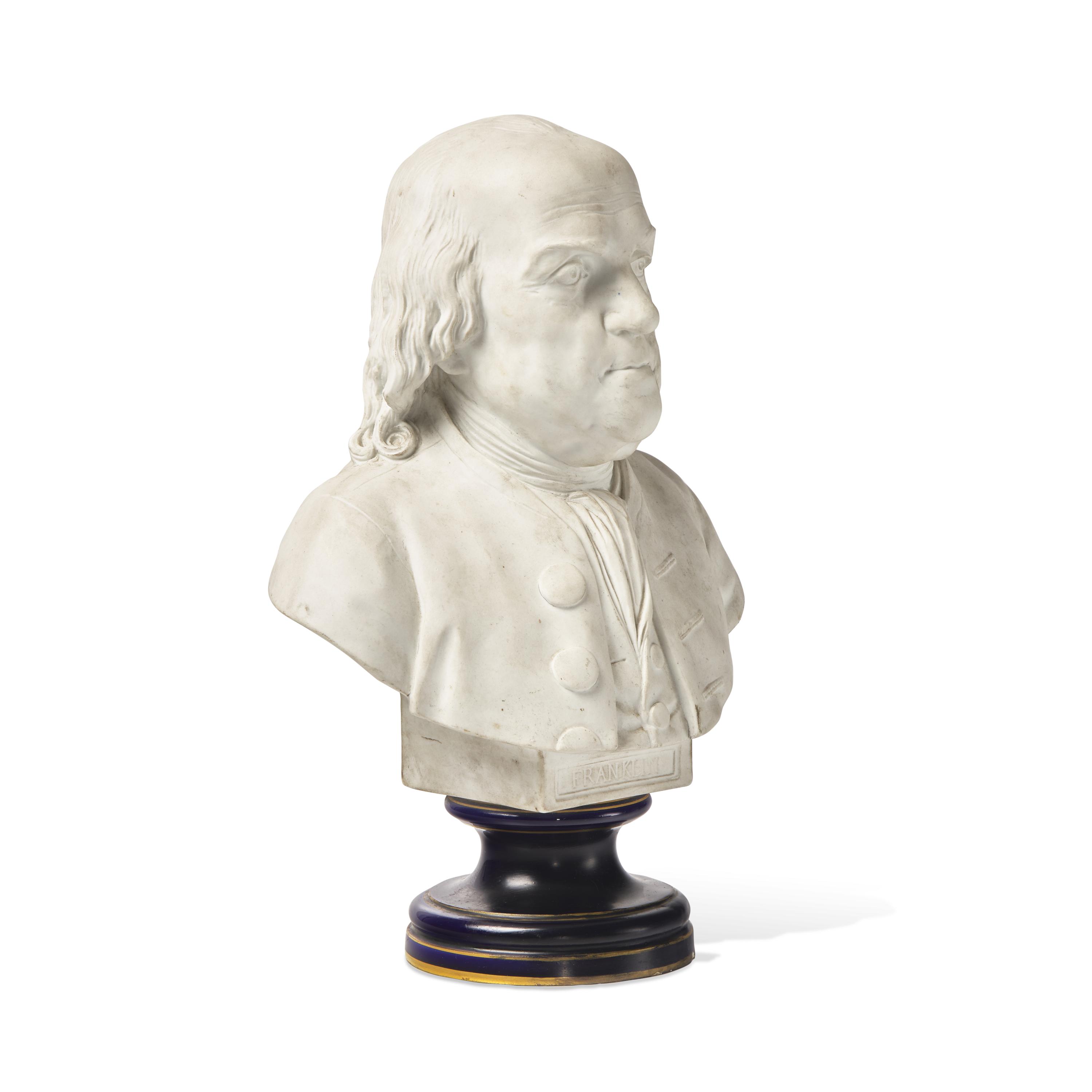 A Sevres Bisque Porcelain Bust of Benjamin Franklin, After the Example by Jean-Jacques Caffieri (French, 1725-1792)