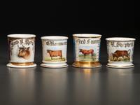 Four Porcelain Occupational Shaving Mugs of Bovine Interest