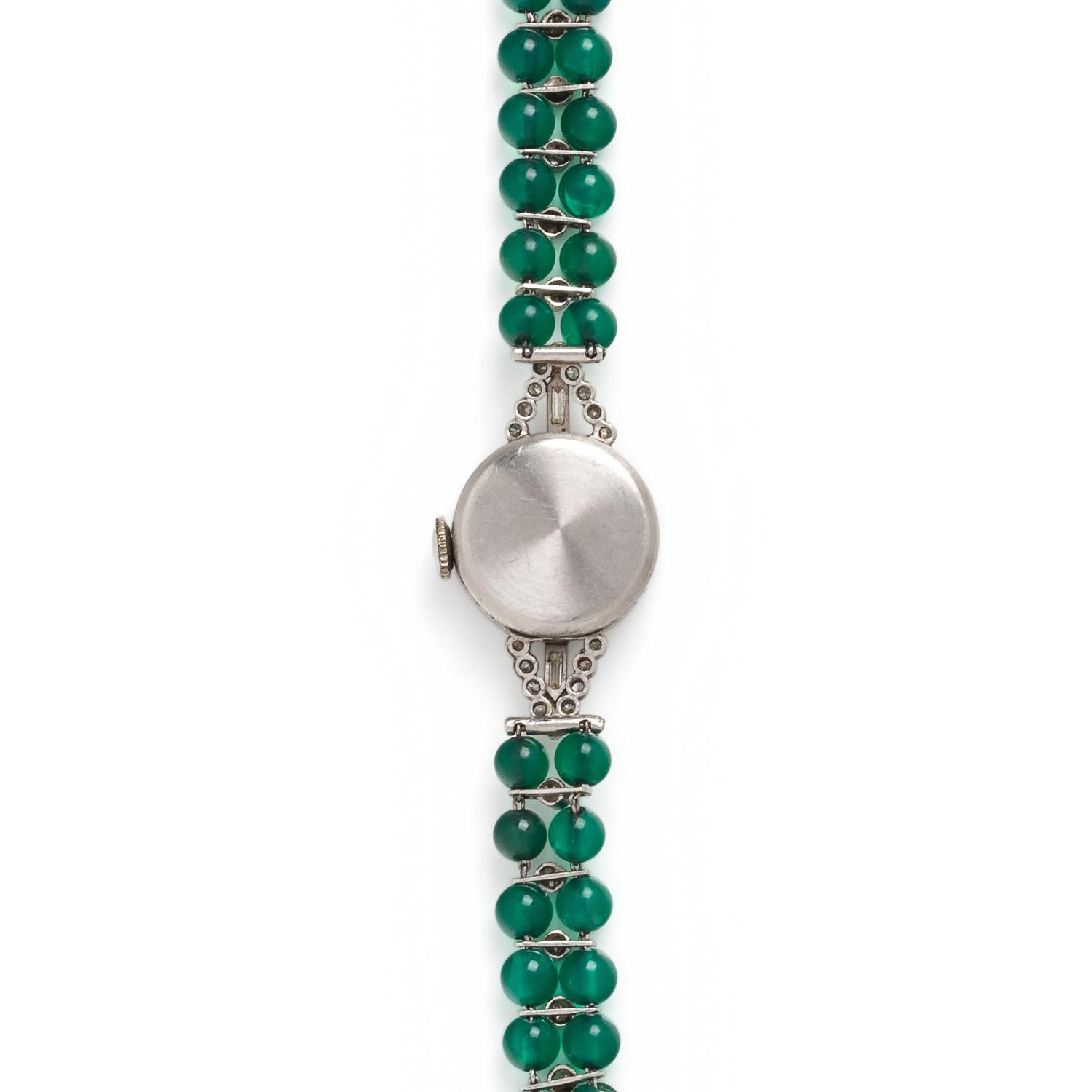ART DECO, PLATINUM, DIAMOND AND GREEN BEAD WRISTWATCH