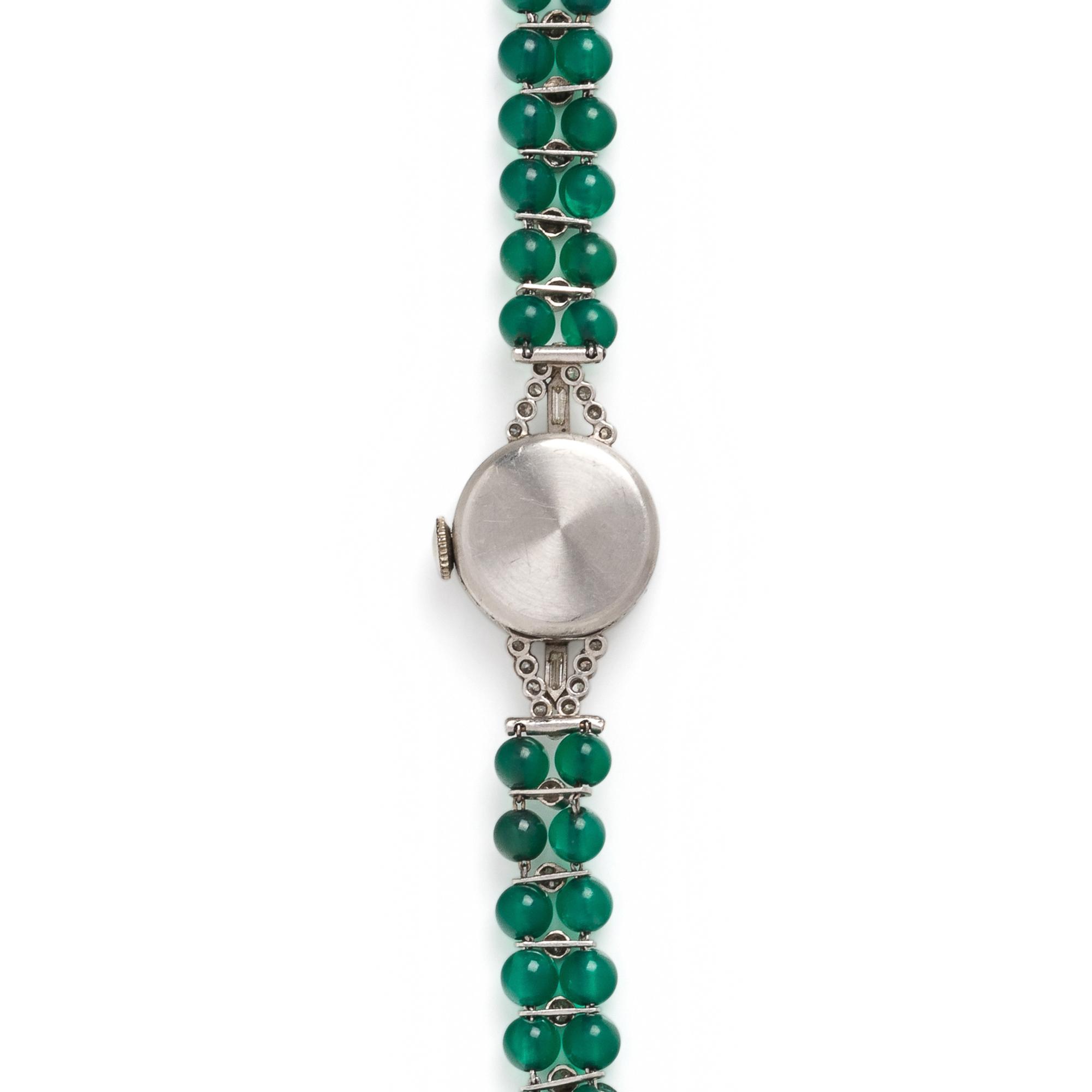 ART DECO, PLATINUM, DIAMOND AND GREEN BEAD WRISTWATCH