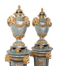 A Pair of Neoclassical Style Gilt Composite and Abalone Veneered Urns and Pedestals