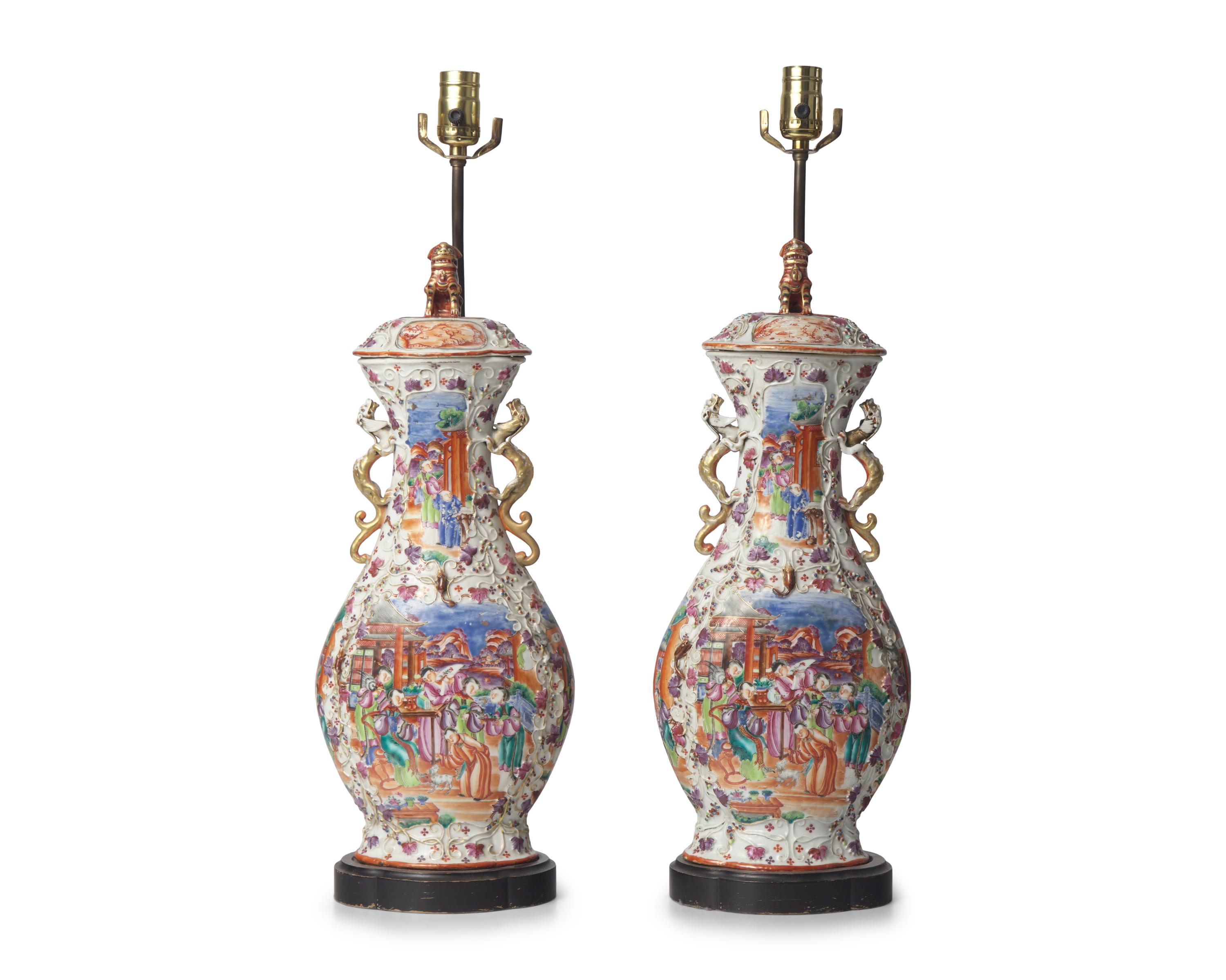 A Pair of Chinese Export Porcelain Covered Vases Mounted as Lamps