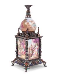 A Viennese Enameled Silver and Champlevé Bronze Mantel Clock