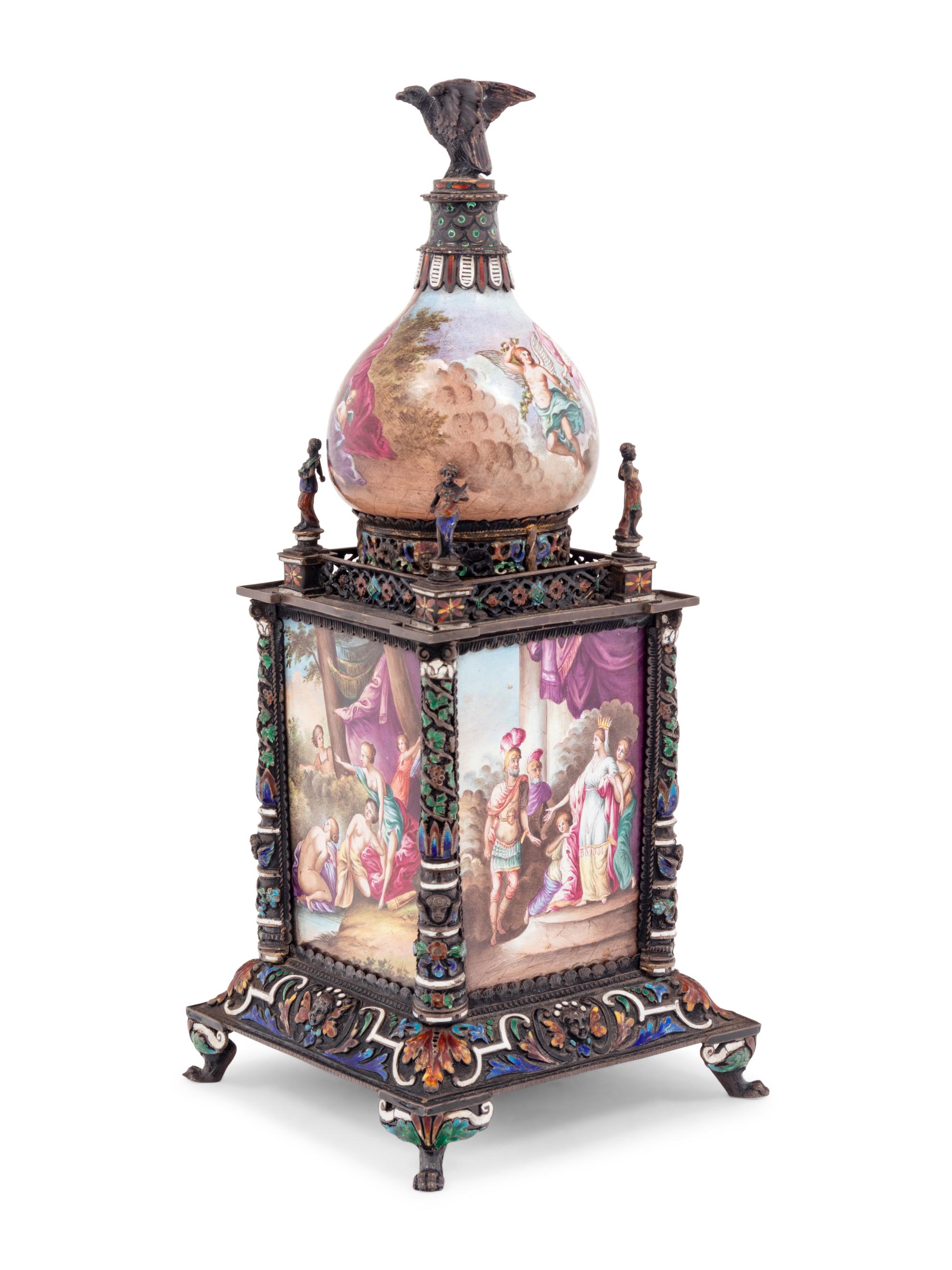 A Viennese Enameled Silver and Champlevé Bronze Mantel Clock