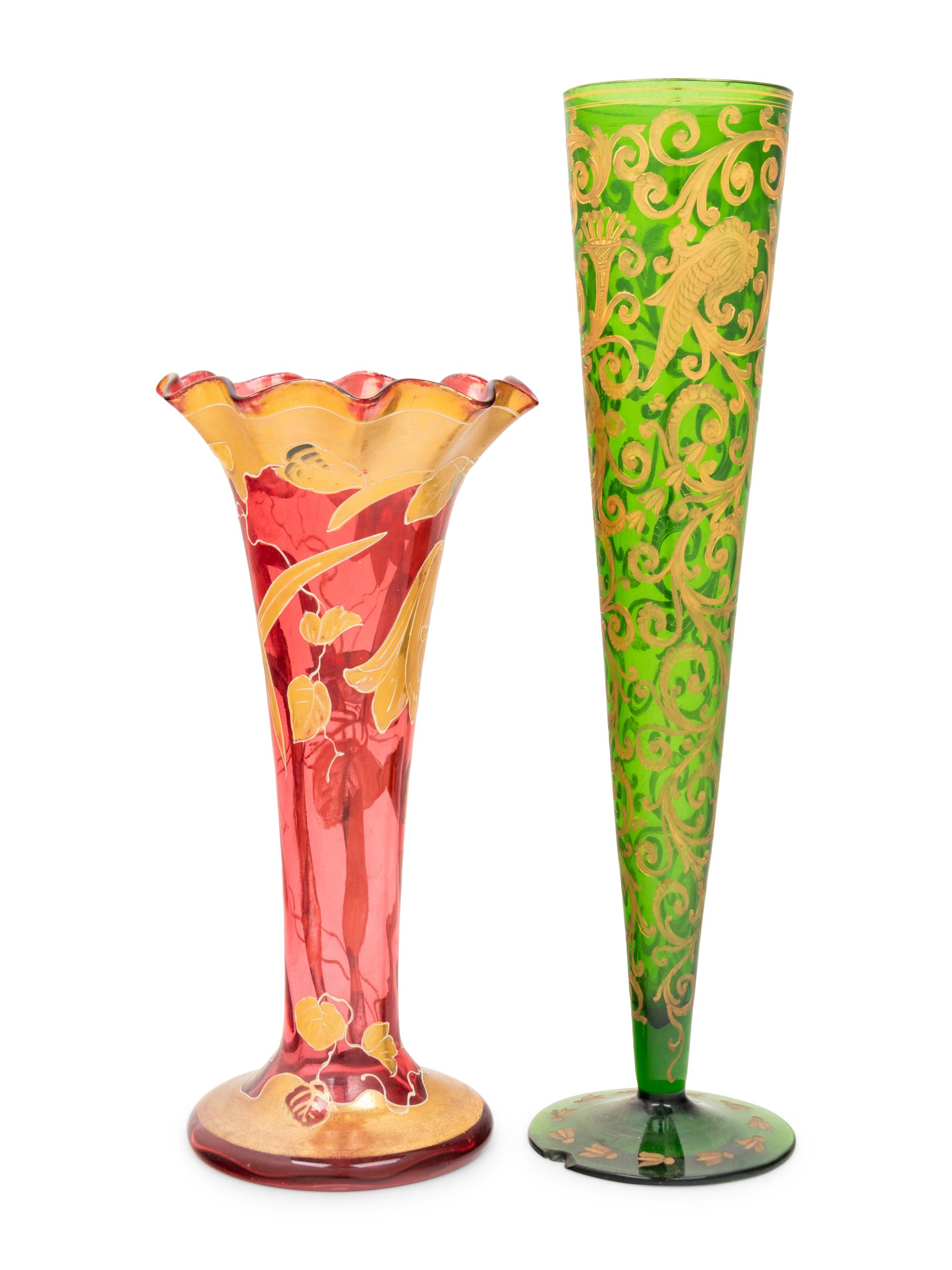 Two Gilt Decorated Colored Glass Vases