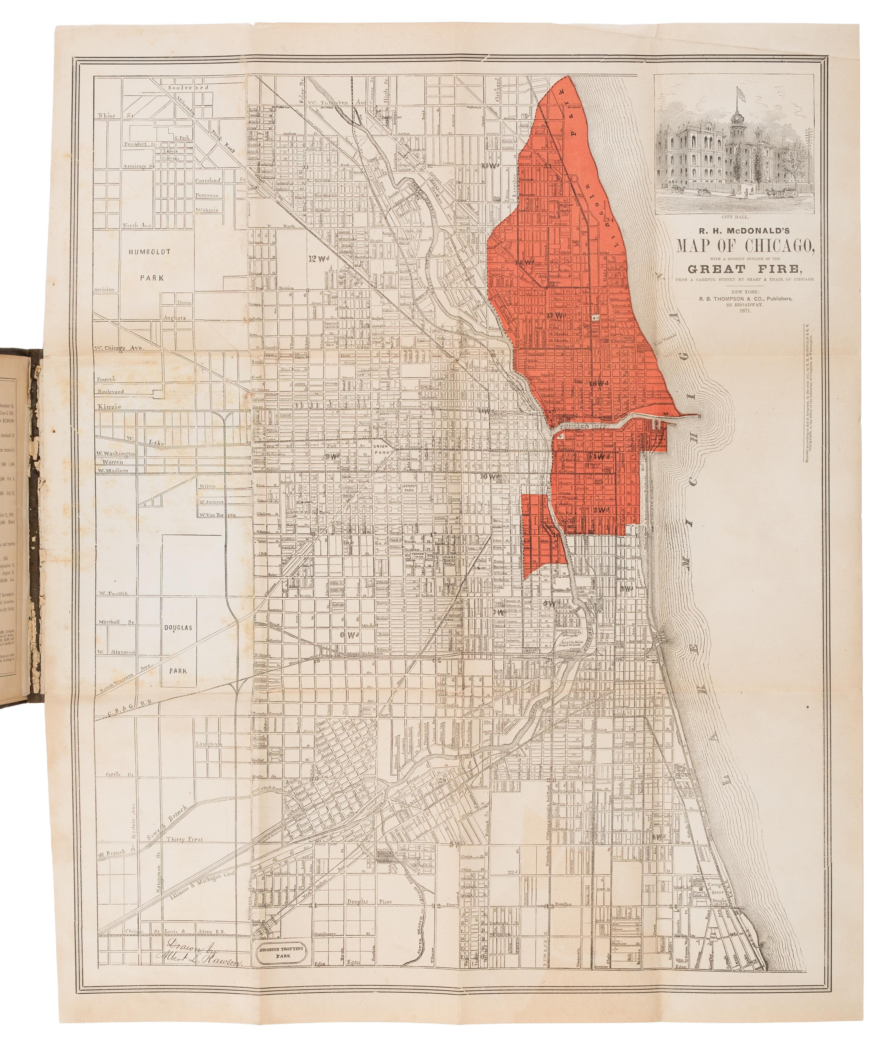 [Chicago Fire]. A group of 8 maps of Chicago, most showing the burnt district, comprising: