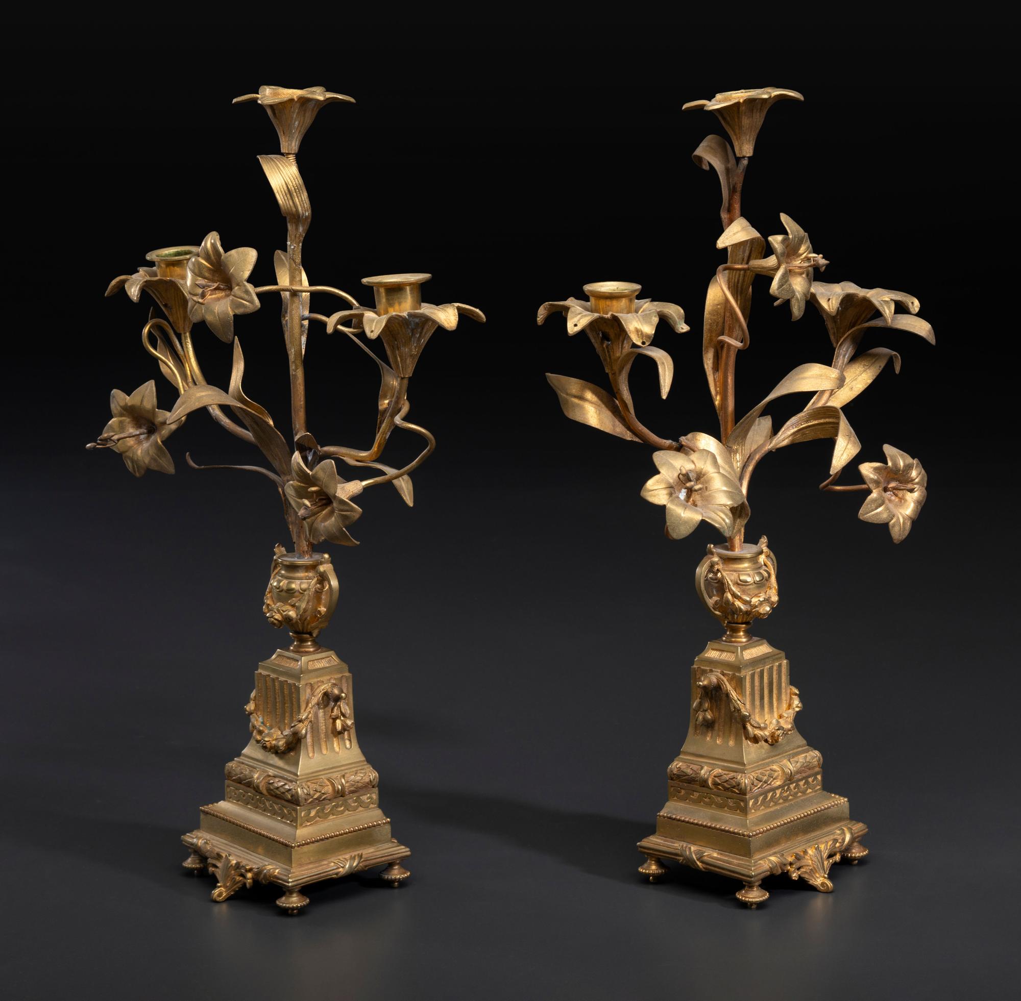 A Pair of Louis XVI Style Bronze Three-Light Candelabra