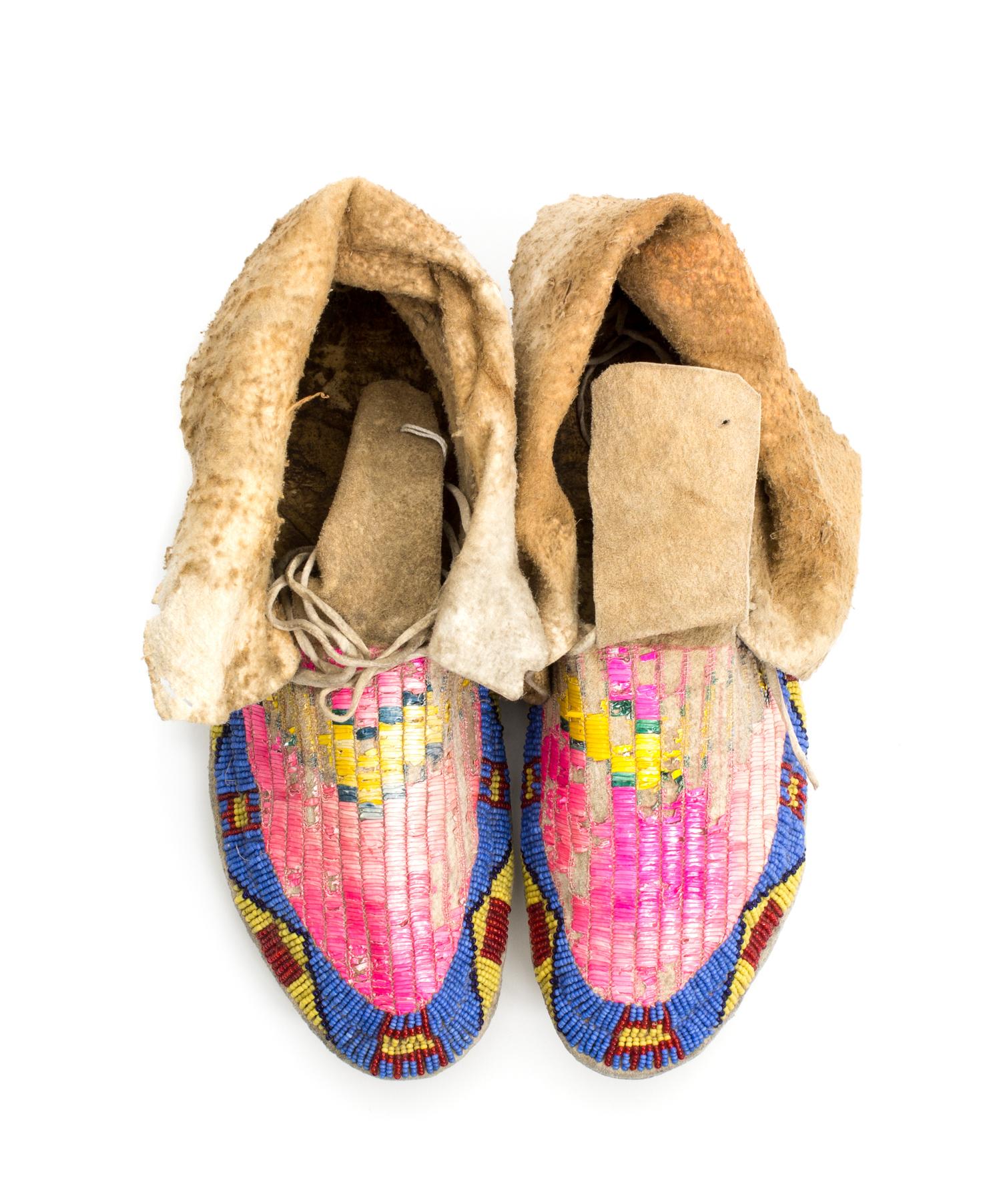 A Pair of Northern Plains Quillwork and Beaded Moccasins Length 10 inches.