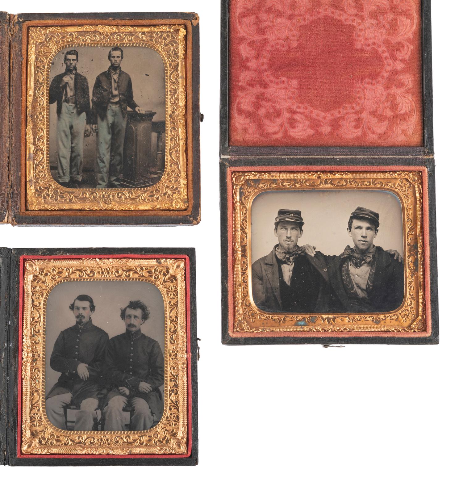 [CIVIL WAR]. A trio of sixth plate portraits of pards, including a ruby ambrotype of 2 young soldiers.
